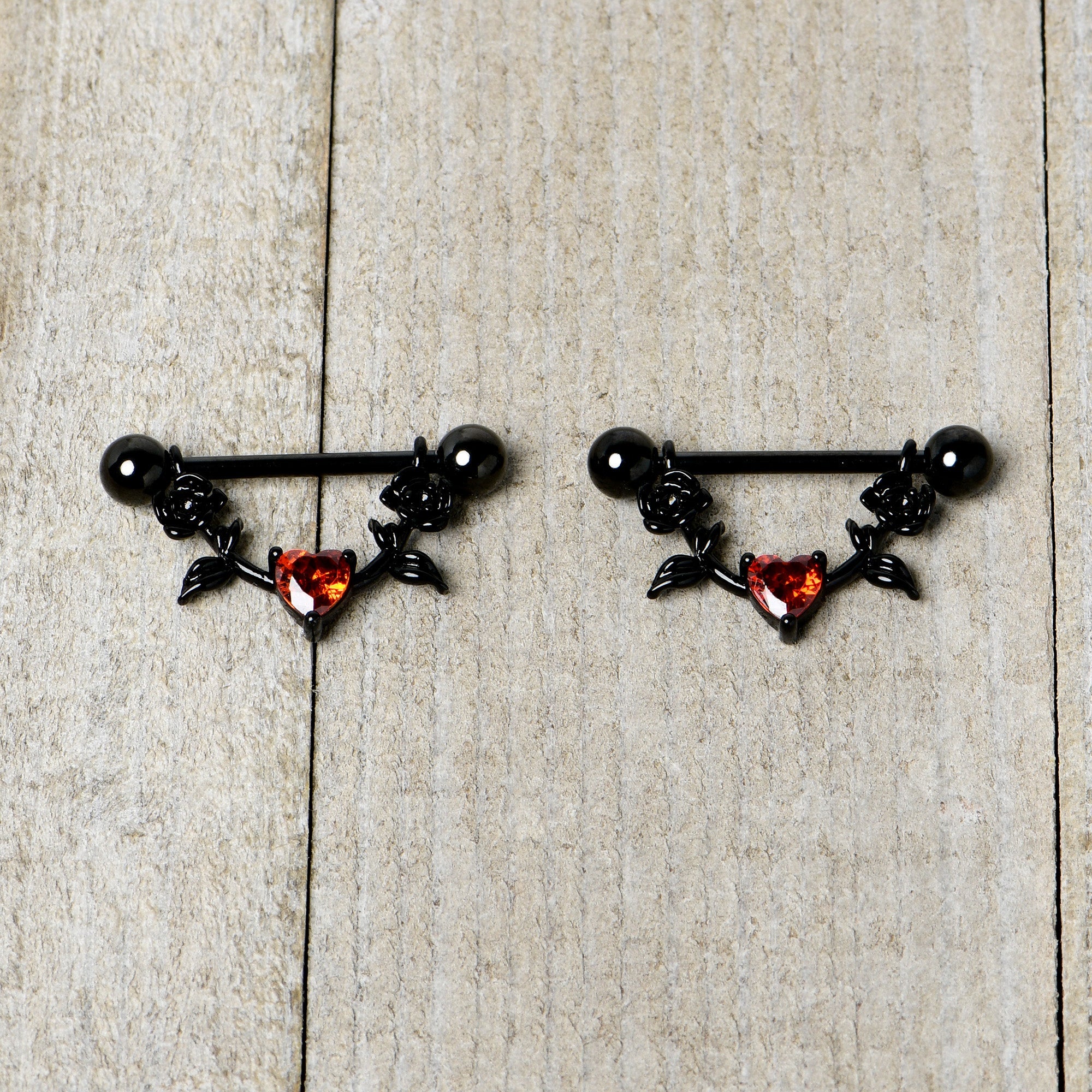 14G 11/16 Red CZ Gem Black Heart Flower Dangle Nipple Ring Set