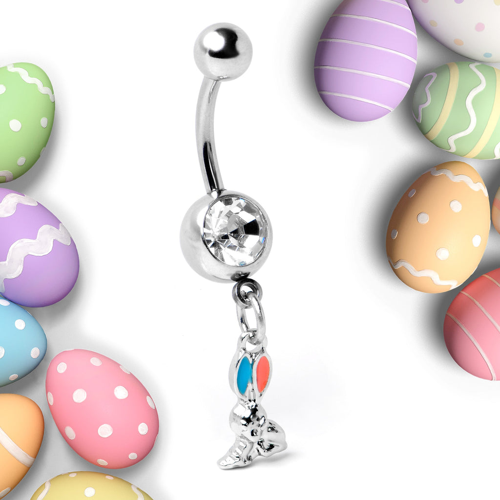 Clear Gem Easter Bunny Red Blue Ears Dangle Belly Ring