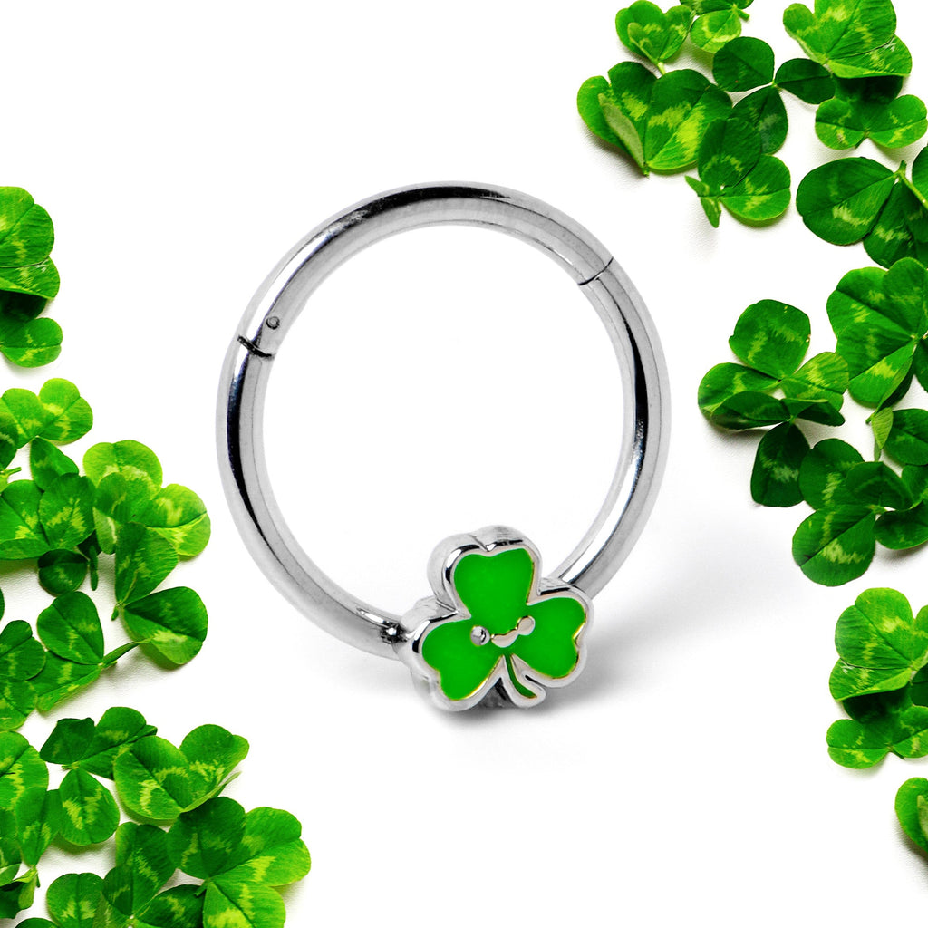 16G 3/8 Sweet Happy Shamrock St Patricks Hinged Segment Ring