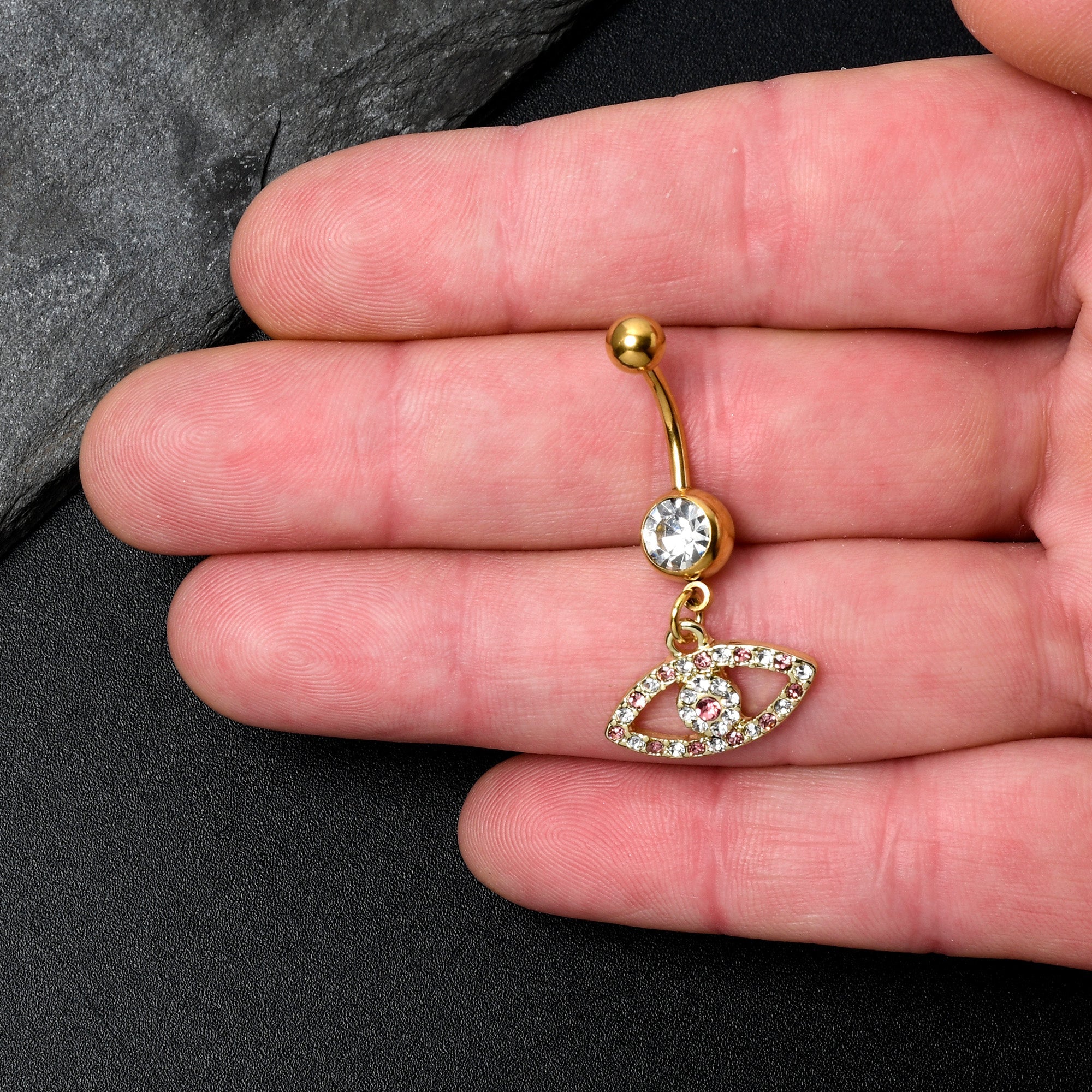 Pink Clear Gem Gold Tone Wide Eye Dangle Belly Ring