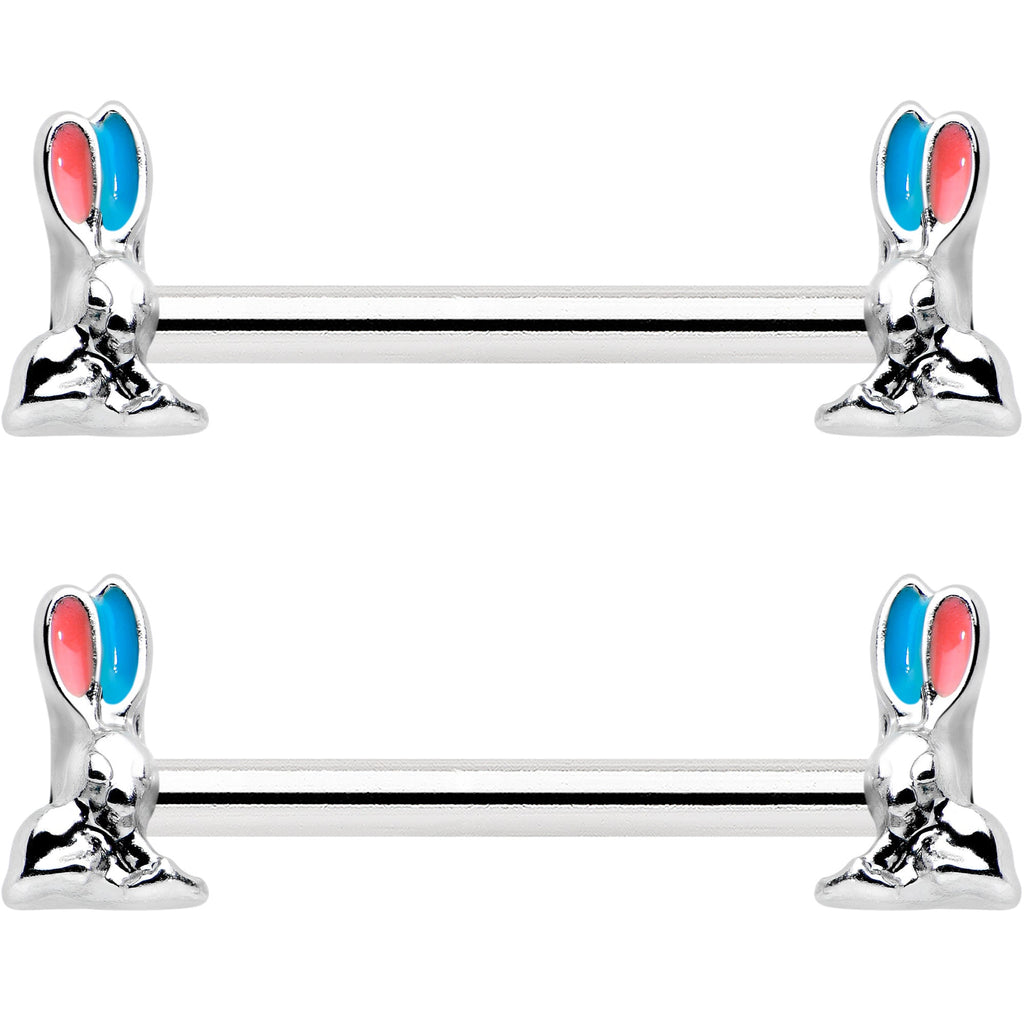 14G 9/16 Easter Bunny Blue Red Ears Barbell Nipple Ring Set
