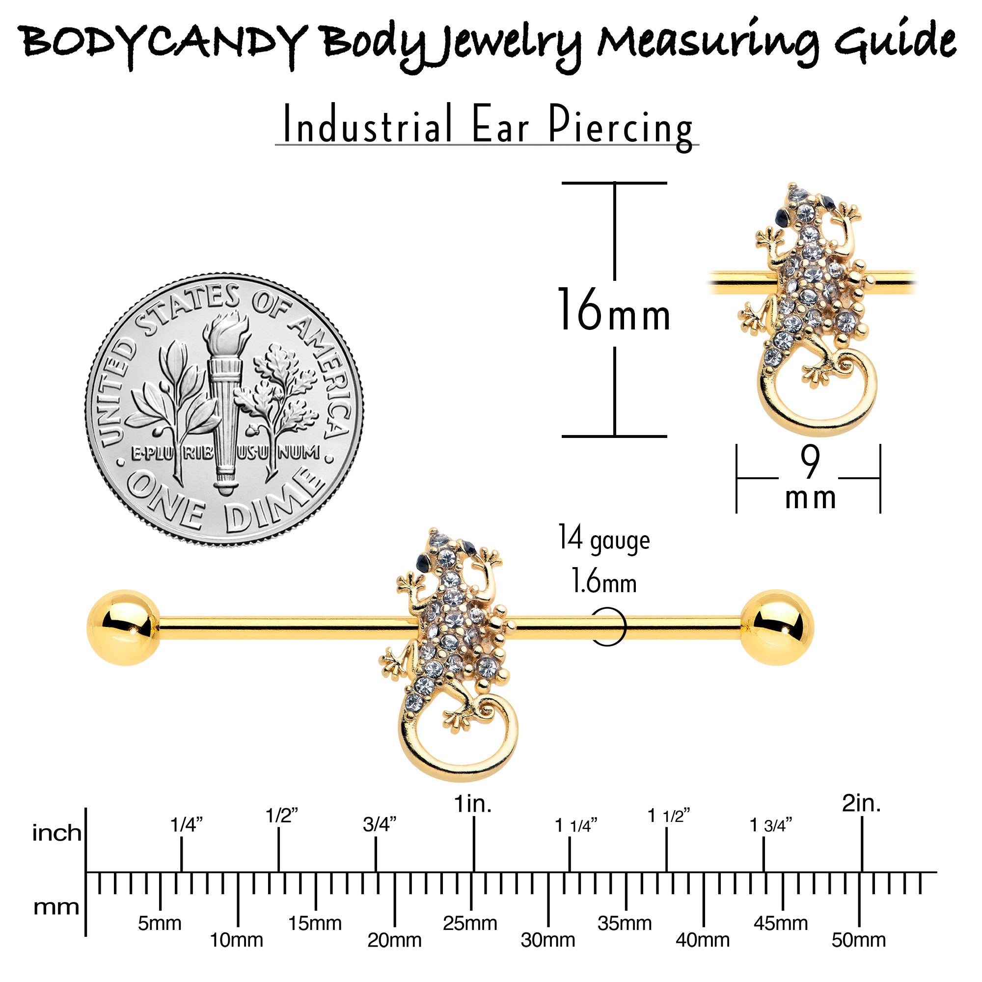 14G Clear Gem Gold Tone Luscious Lizard Industrial Barbell 38mm