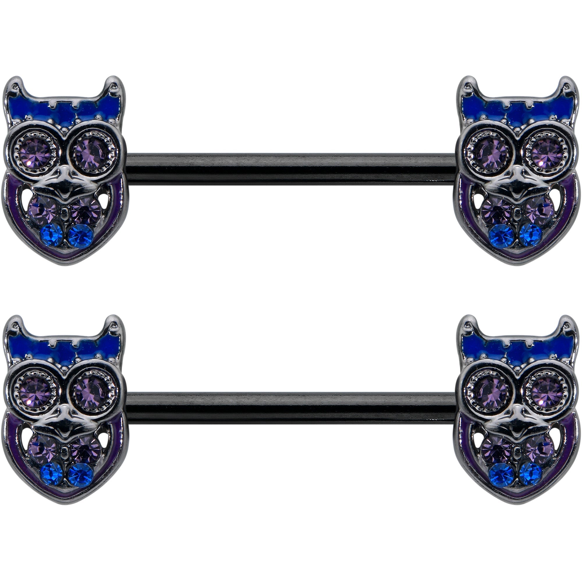 14G 9/16 Purple Blue Gem Black Opulent Owl Barbell Nipple Ring Set