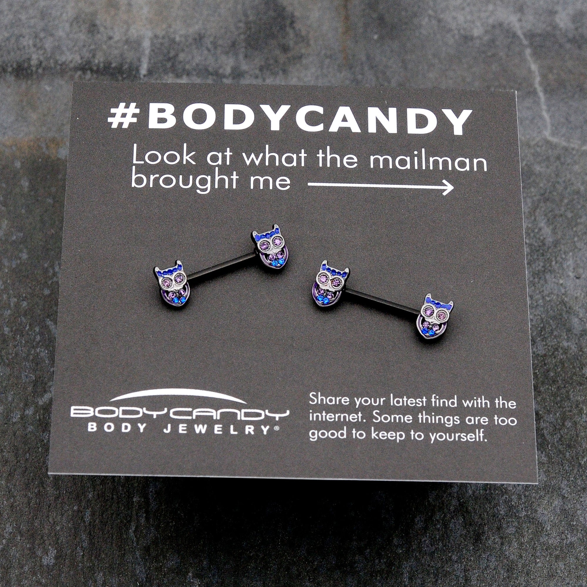 14G 9/16 Purple Blue Gem Black Opulent Owl Barbell Nipple Ring Set