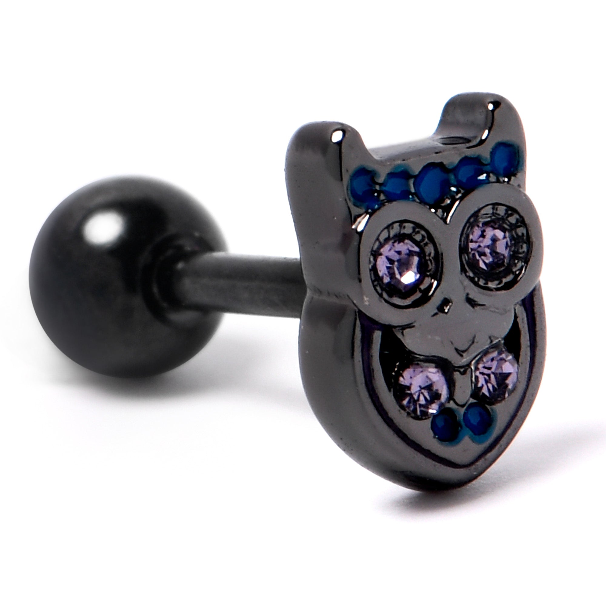 16G 1/4 Purple Gem Black Opulent Owl Cartilage Tragus Earring