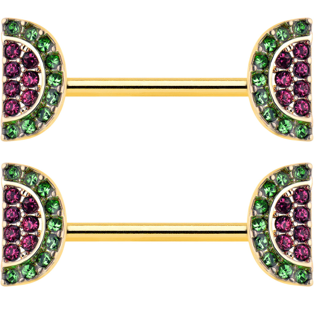 14G 9/16 Pink Gem Gold Hue Watermelon Yum Barbell Nipple Ring Set