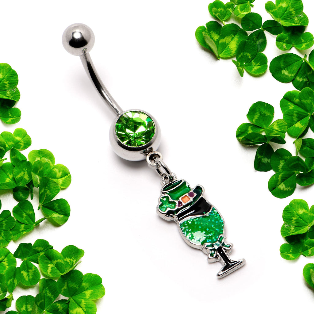 Green Gem Fancy Leprechaun St Patricks Dangle Belly Ring