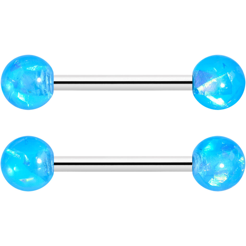 14G 9/16 Blue Faux Opal Horseshoe Barbell Nipple Ring Set of 4