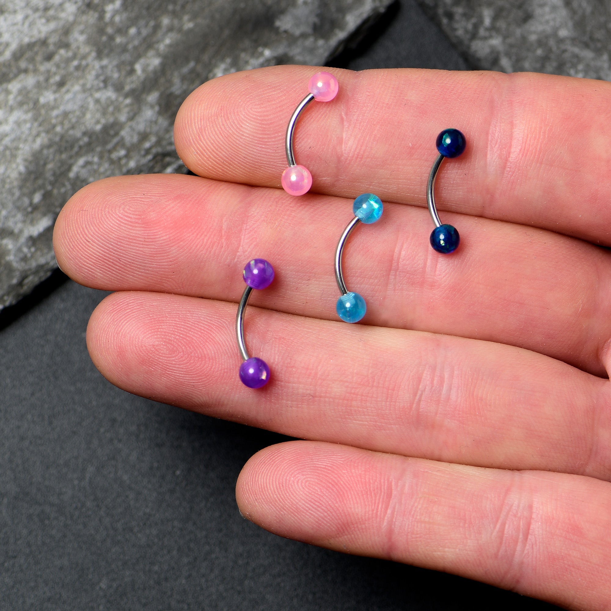 16G 3/8 Pink Blue Purple Faux Opal Pack Curved Eyebrow Ring Set of 4