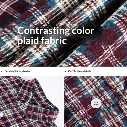 Mens American-Style Retro Color-Block Plaid Long-Sleeve Shirt