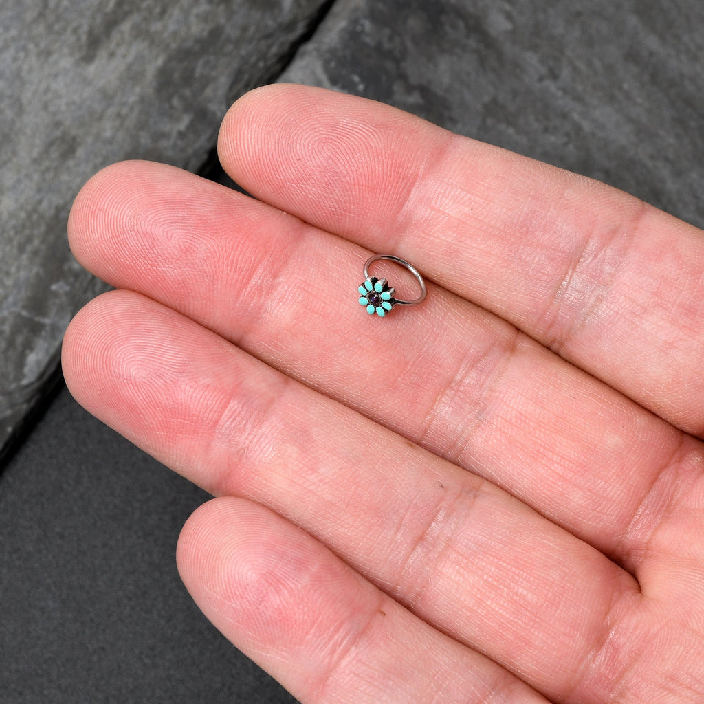 20G 5/16 Blue Gem Flower Teal Petals Nose Hoop
