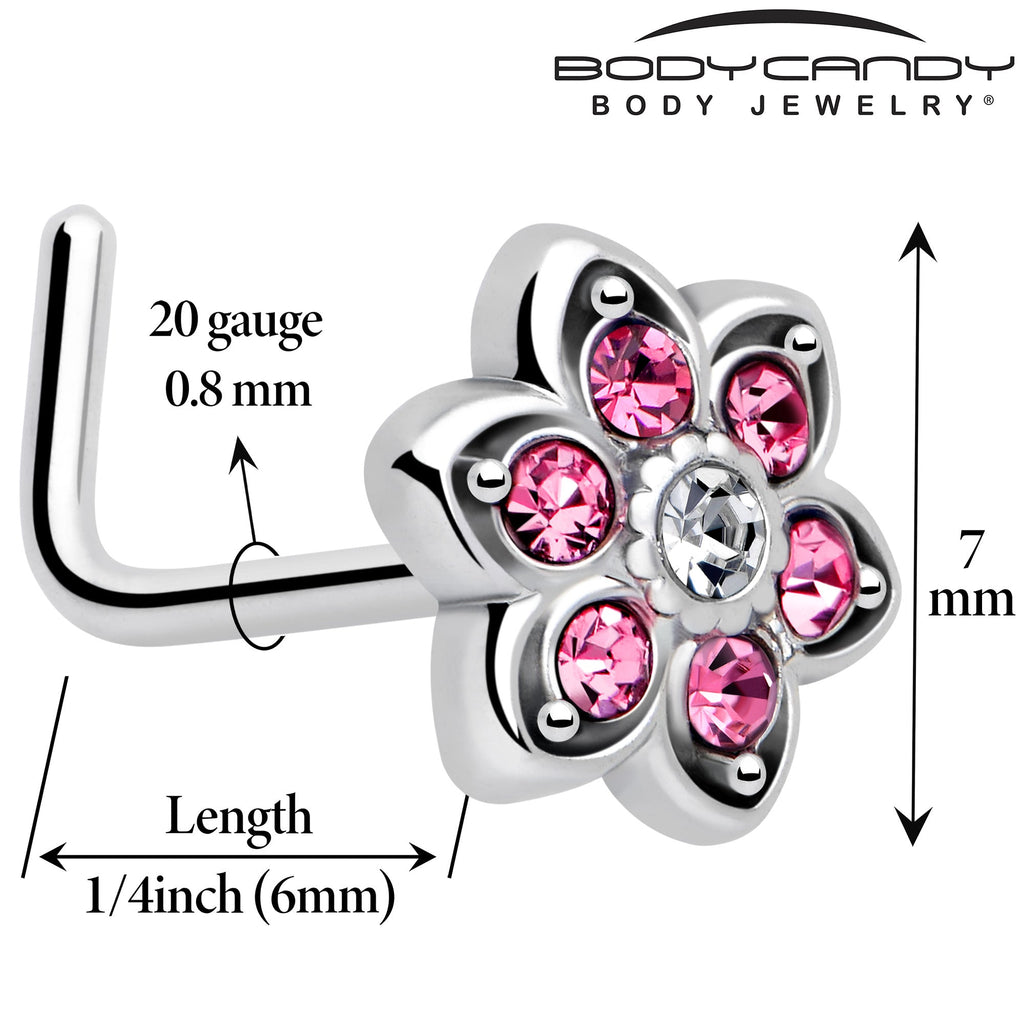 20G 7mm Pink Radiant Blossom Flower L Shape Nose Ring