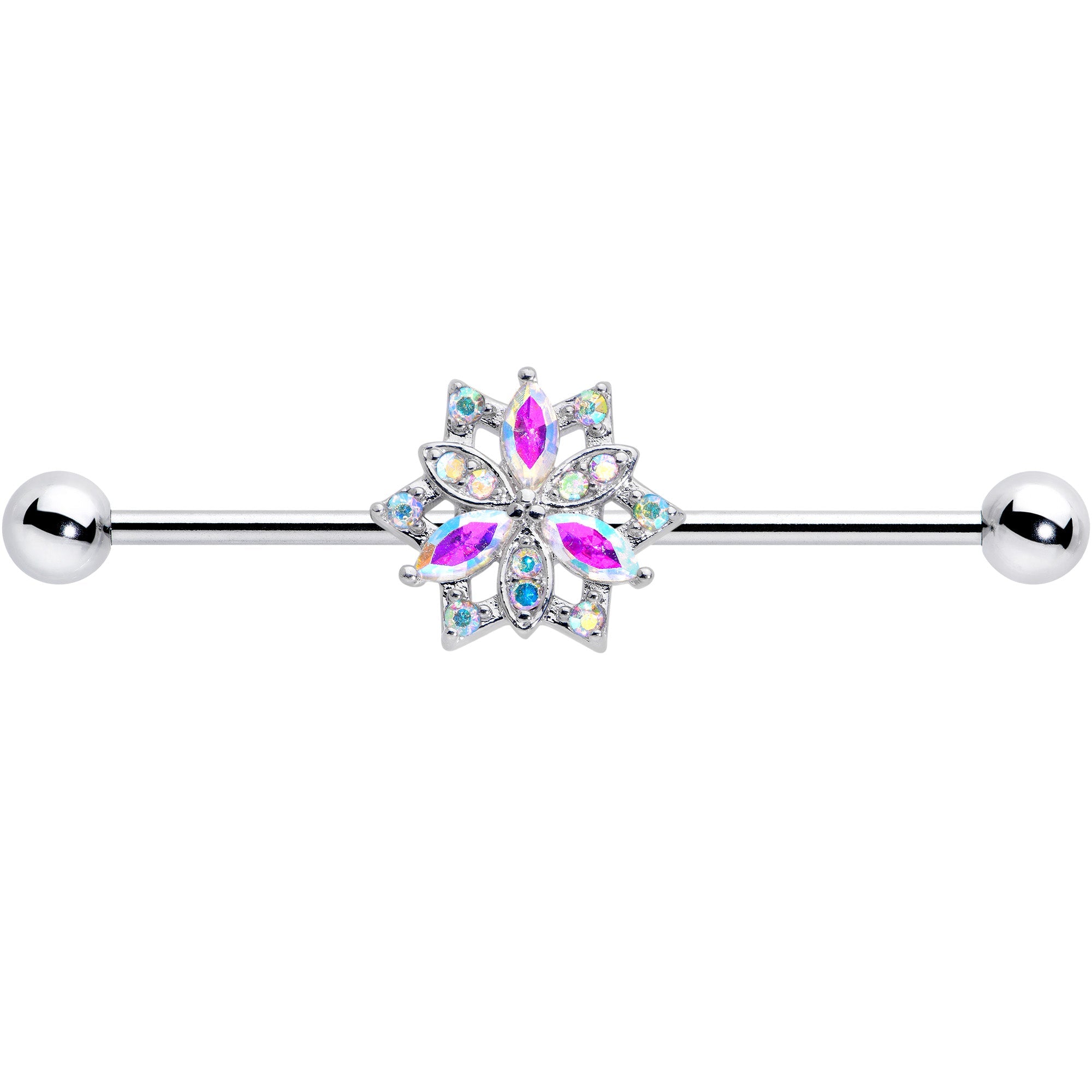 14G Aurora CZ Gem Snowflake Style Industrial Barbell 38mm