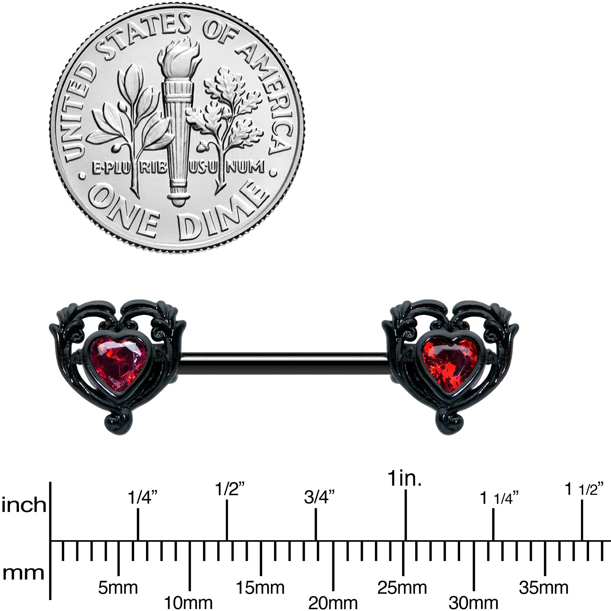 14G 9/16 Red CZ Gem Black Passion Heart Barbell Nipple Ring Set