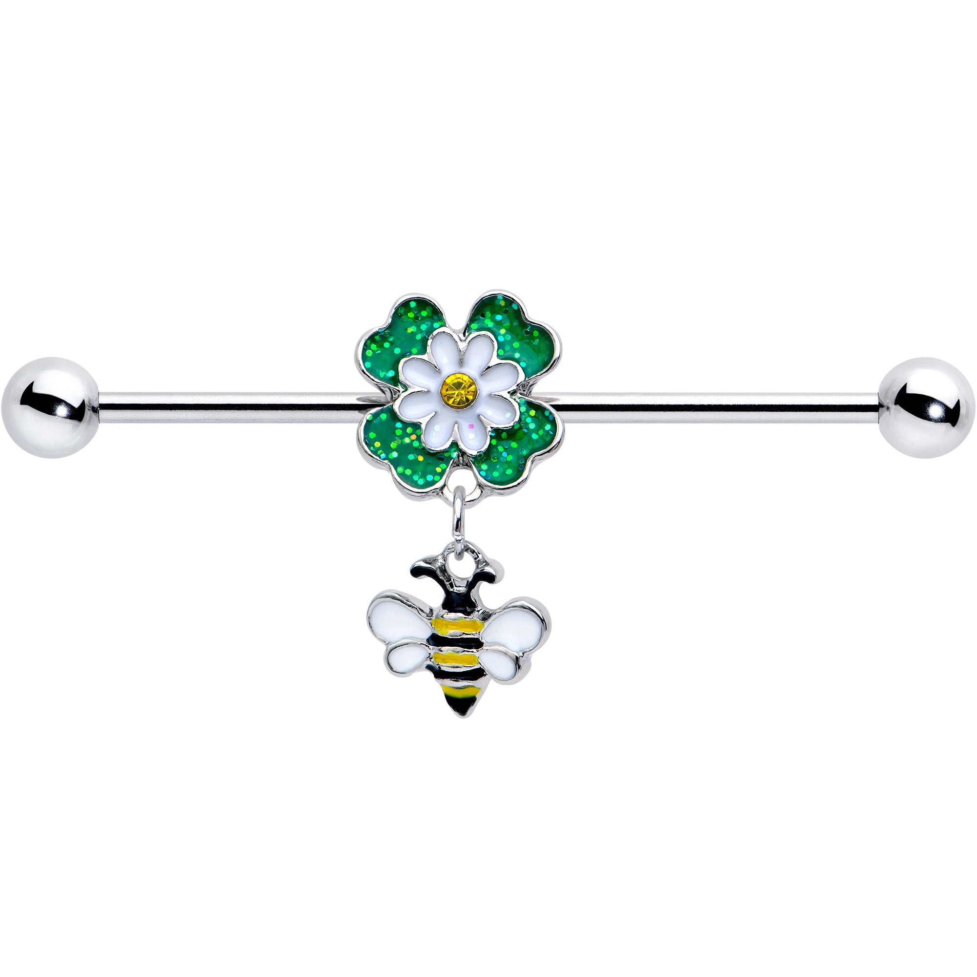 14G Yellow Gem Daisy Bee Glittery Dangle Industrial Barbell 38mm