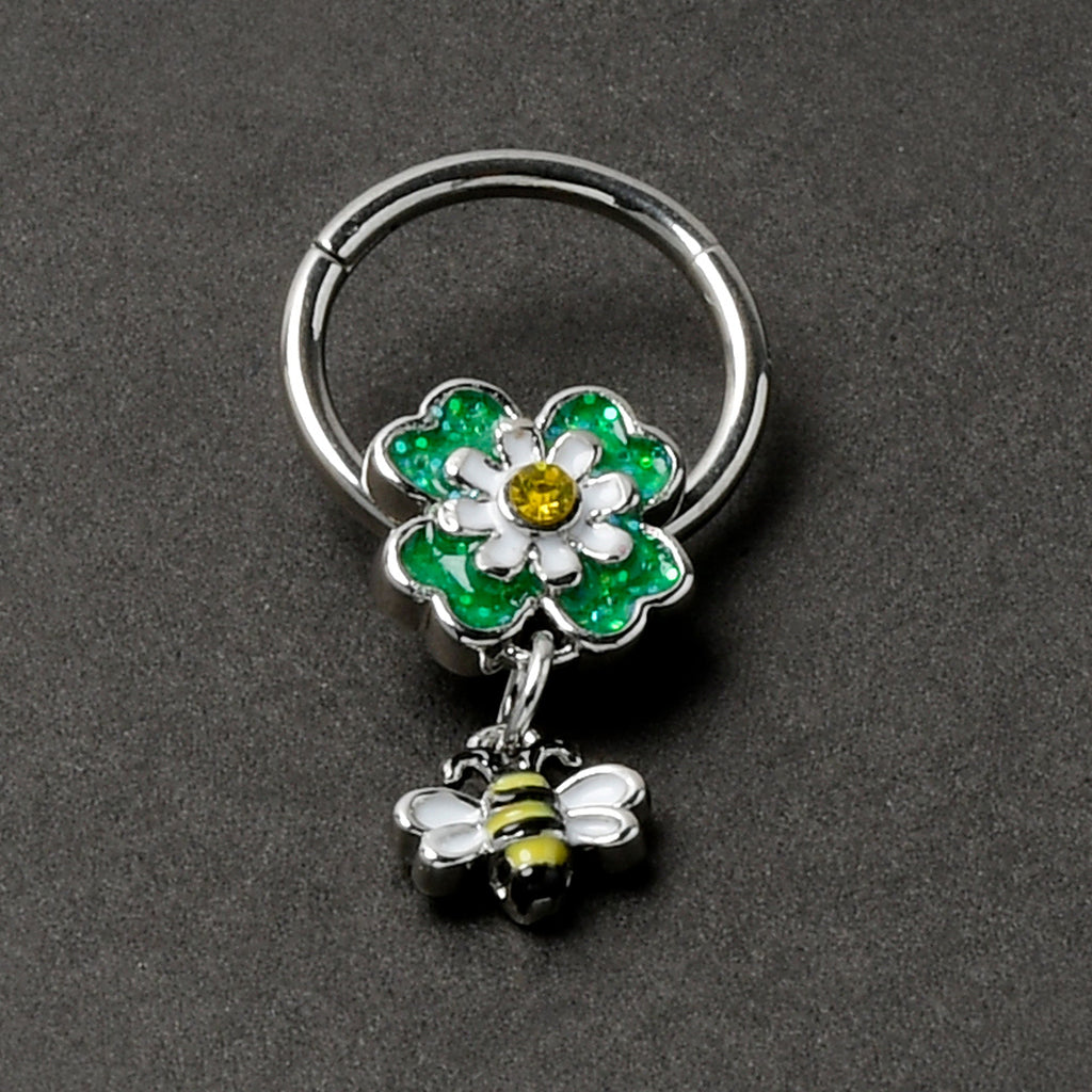 16G 3/8 Yellow Gem Daisy Bee Glitter Dangle Hinged Segment Ring