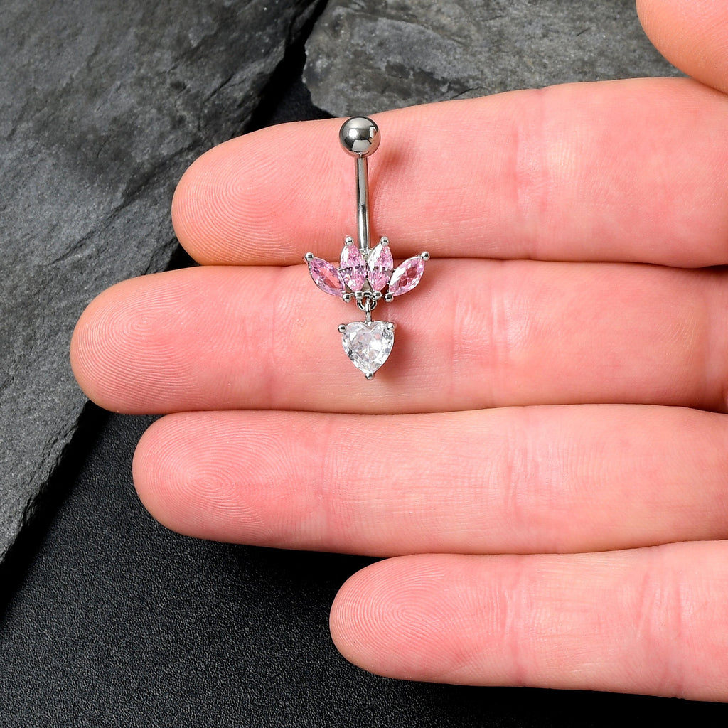 Clear Pink CZ Gem Crown And Heart Dangle Belly Ring