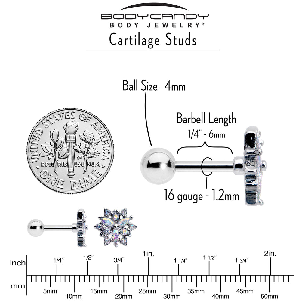 16G 1/4 Aurora CZ Gem Snowflake Style Cartilage Tragus Earring