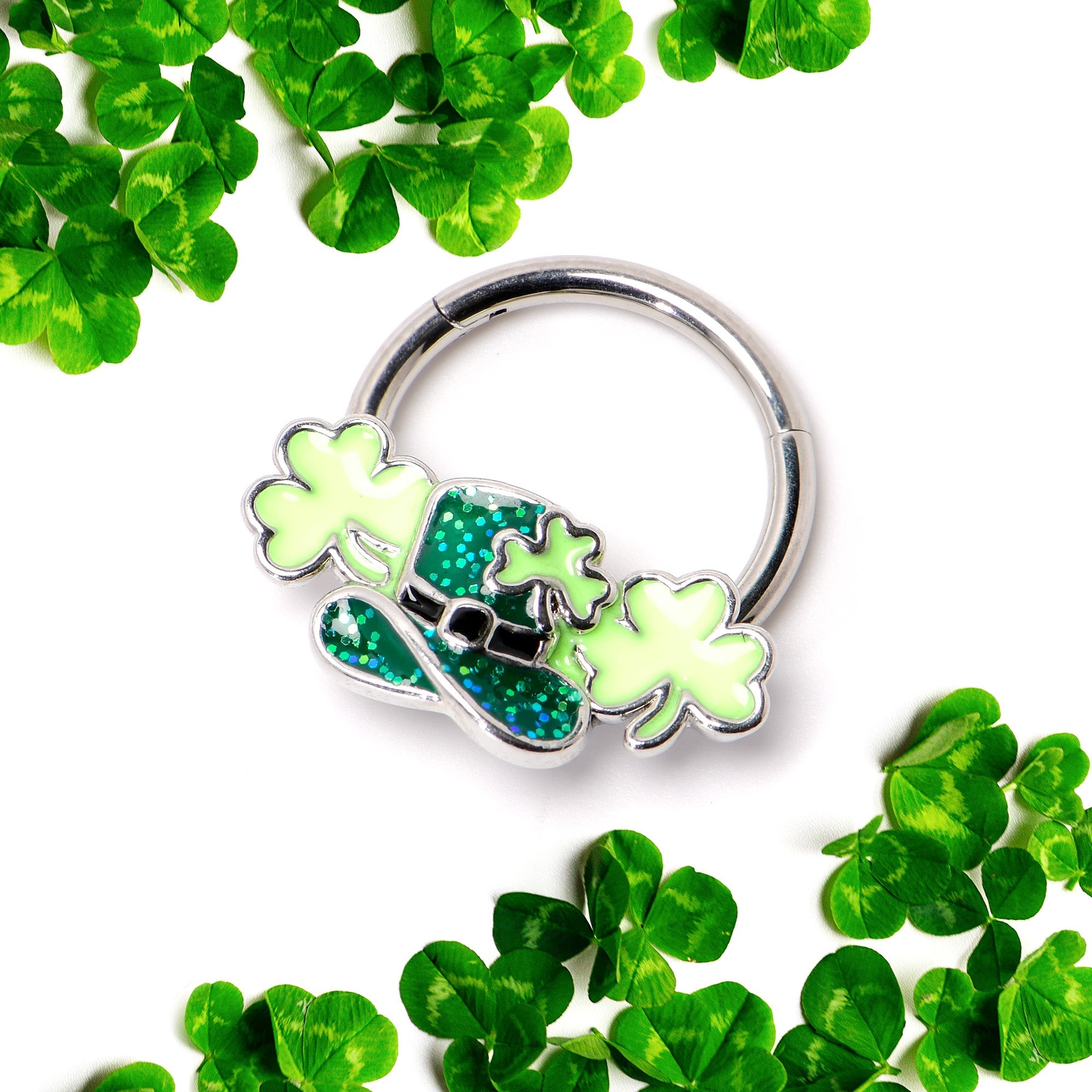 16G 3/8 Glitter Top Hat Shamrocks St Patricks Hinged Segment Ring