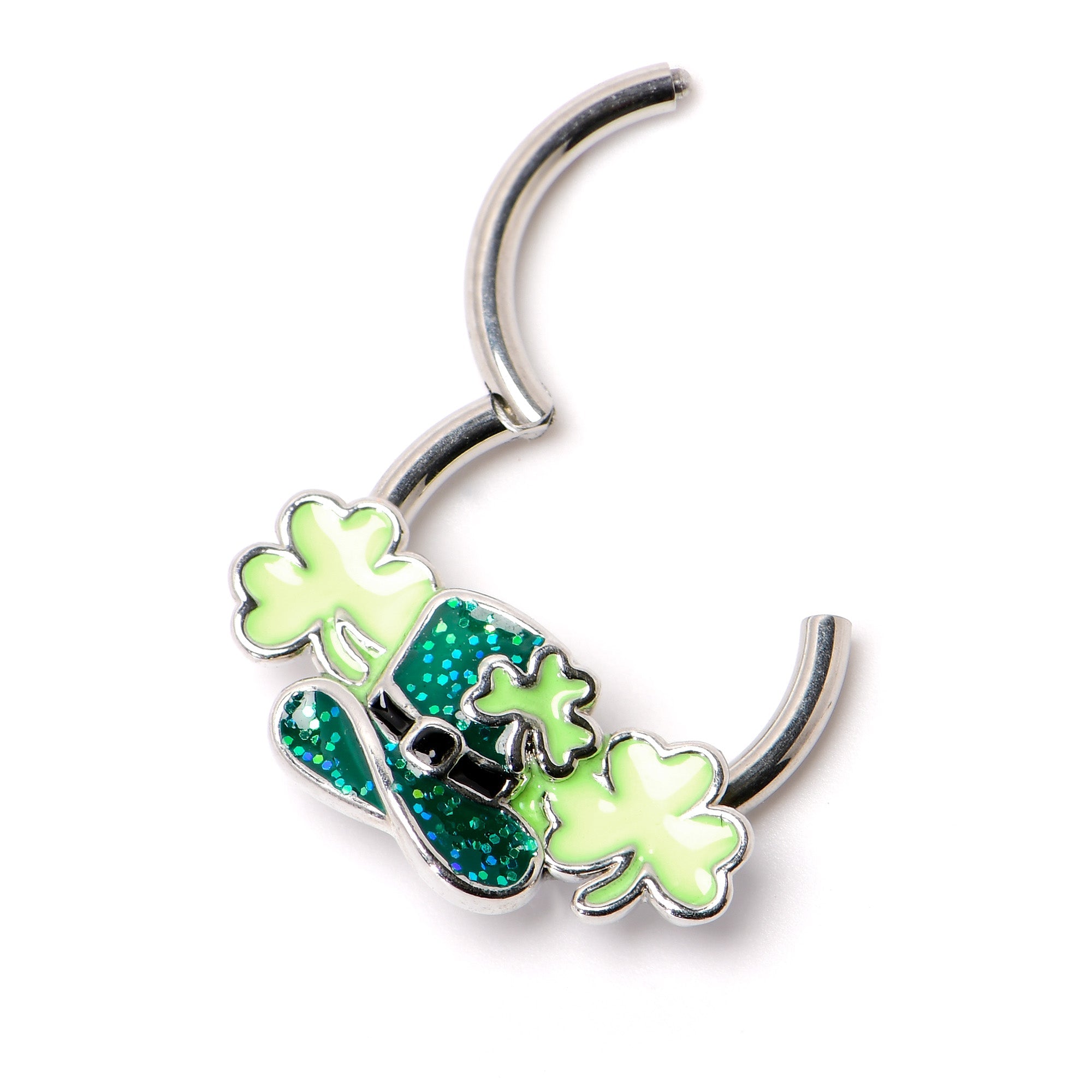16G 3/8 Glitter Top Hat Shamrocks St Patricks Hinged Segment Ring