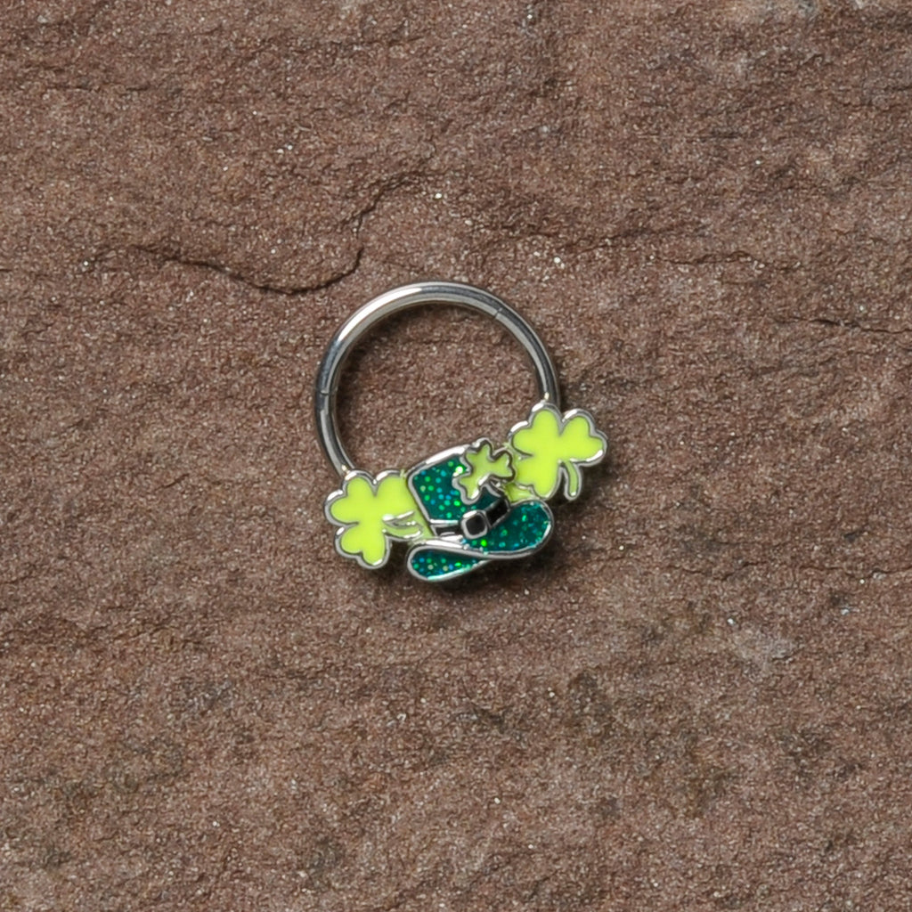 16G 3/8 Glitter Top Hat Shamrocks St Patricks Hinged Segment Ring