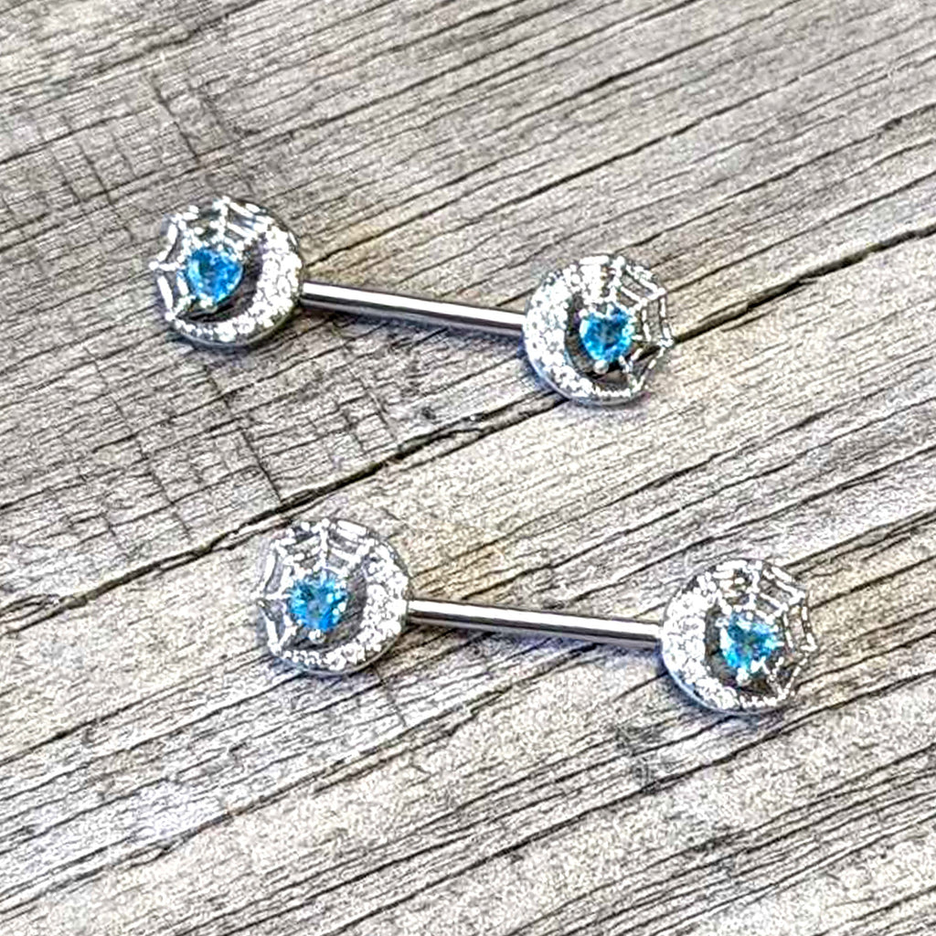 14G 9/16 Blue CZ Gem Heart Web Moon Barbell Nipple Ring Set