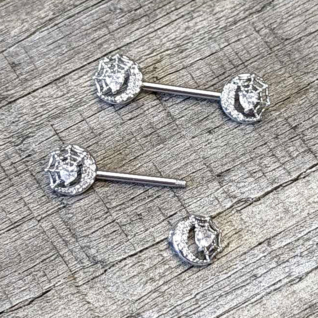 14G 9/16 Clear CZ Gem Heart Web Moon Barbell Nipple Ring Set