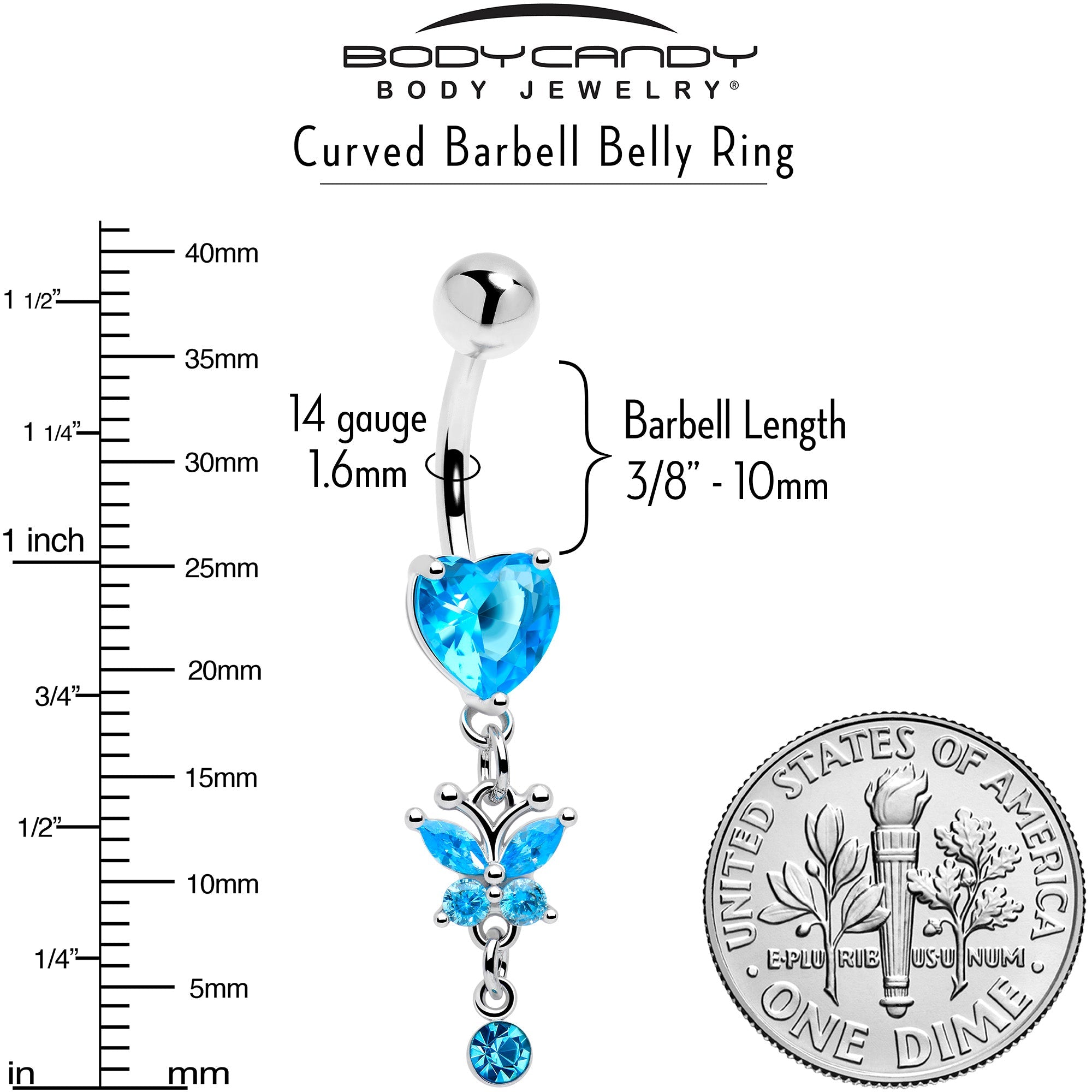Blue Gem Butterfly Have A Heart Dangle Belly Ring