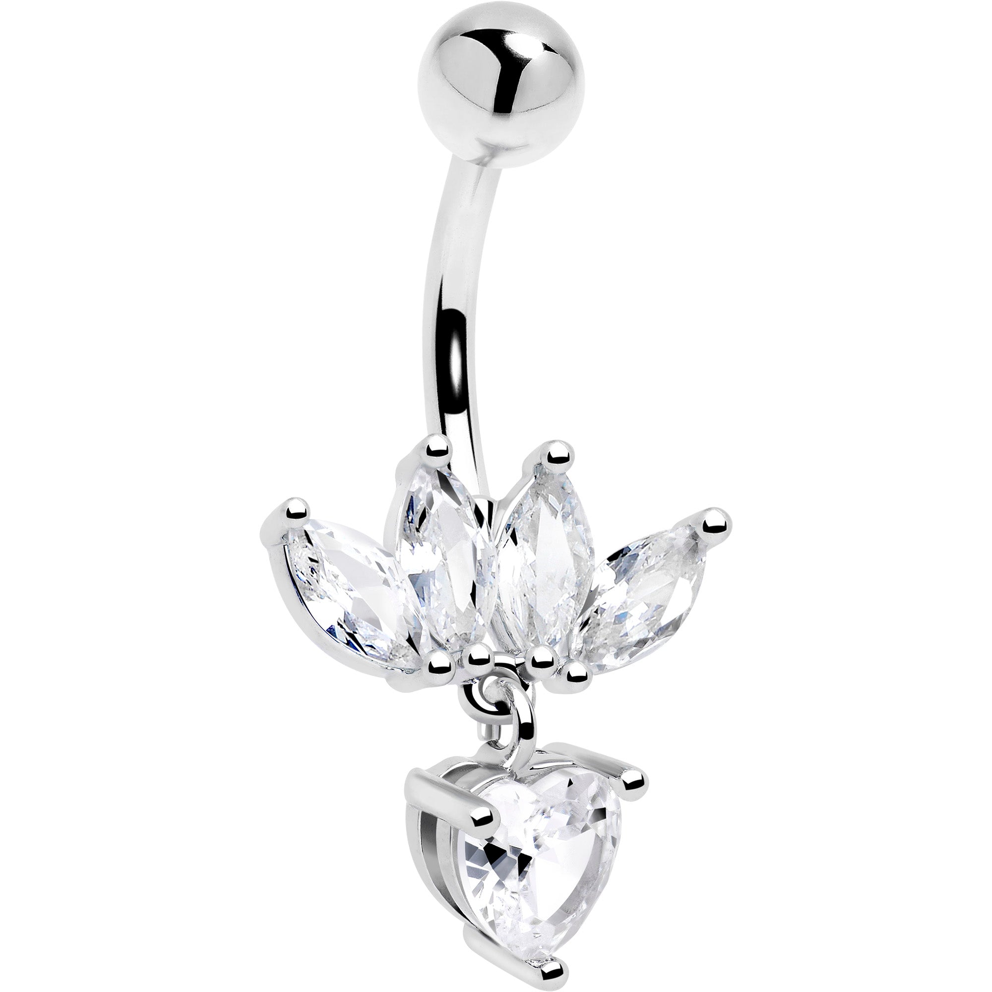 Clear Gem Quartet Heart Dangle Belly Ring