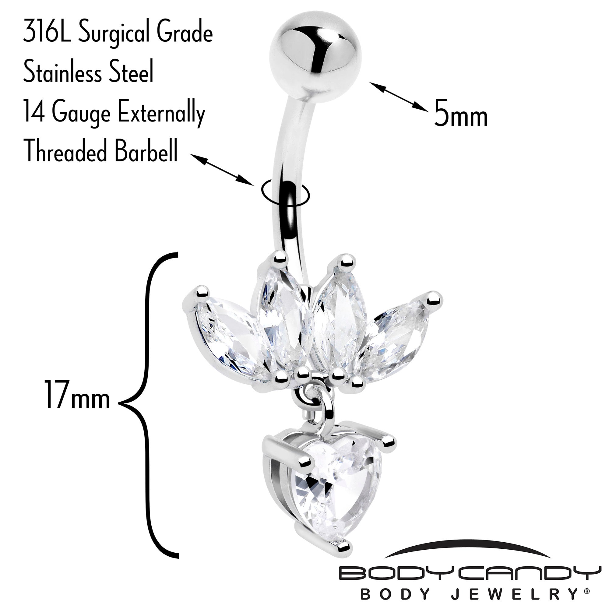 Clear Gem Quartet Heart Dangle Belly Ring