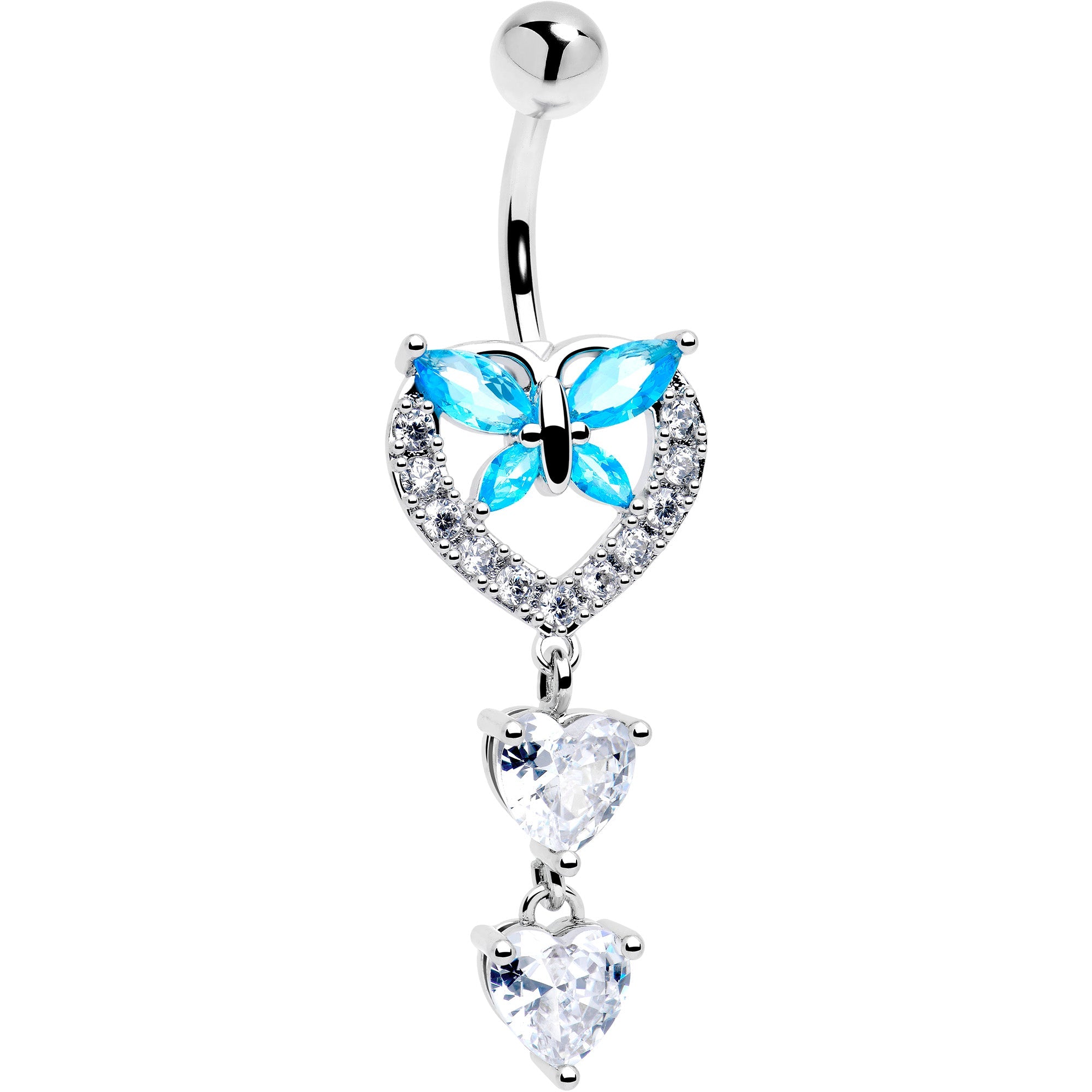 Blue Clear Gem Butterfly Hearts Of Love Dangle Belly Ring