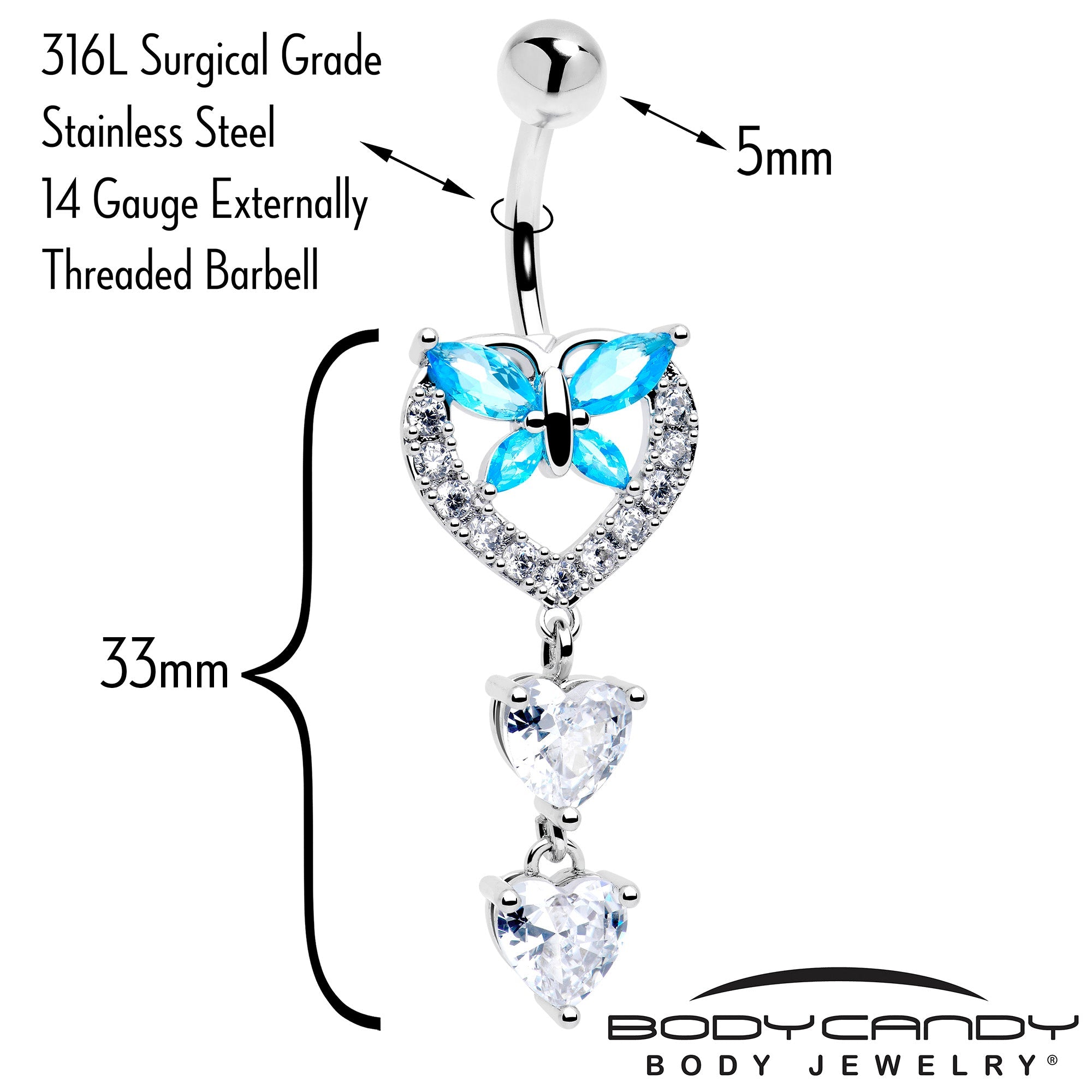 Blue Clear Gem Butterfly Hearts Of Love Dangle Belly Ring