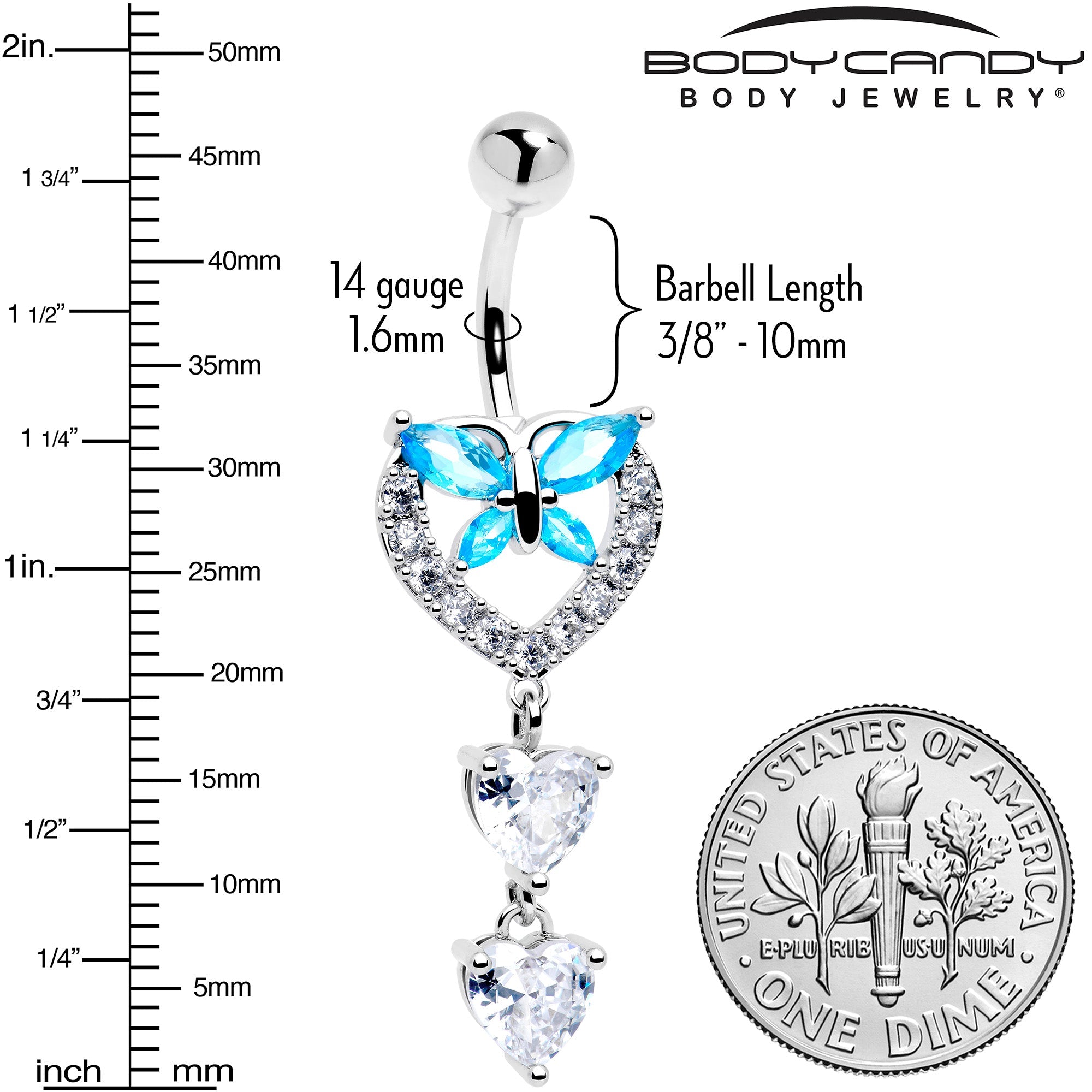 Blue Clear Gem Butterfly Hearts Of Love Dangle Belly Ring
