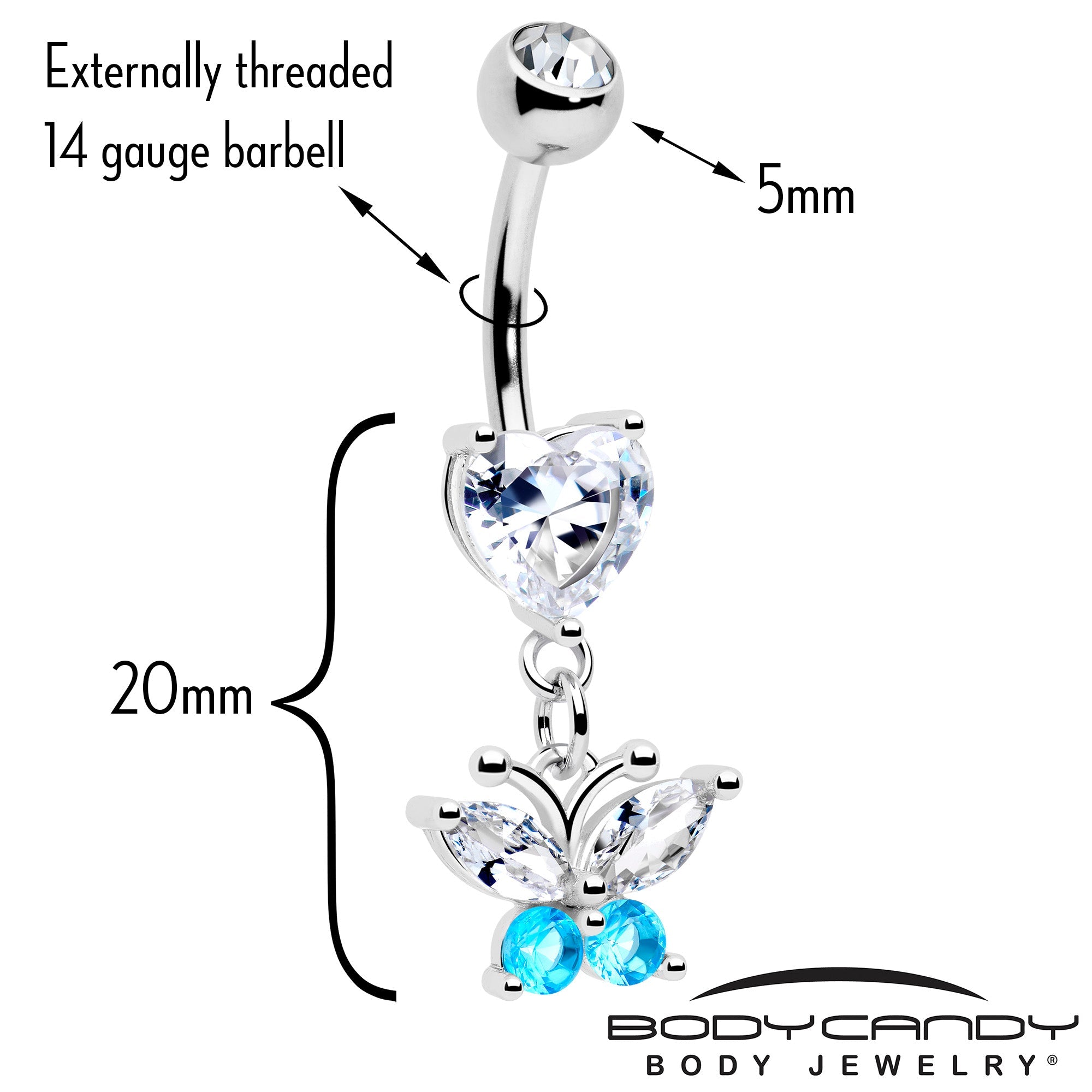 Clear Blue Gem Love Butterfly Heart Dangle Belly Ring