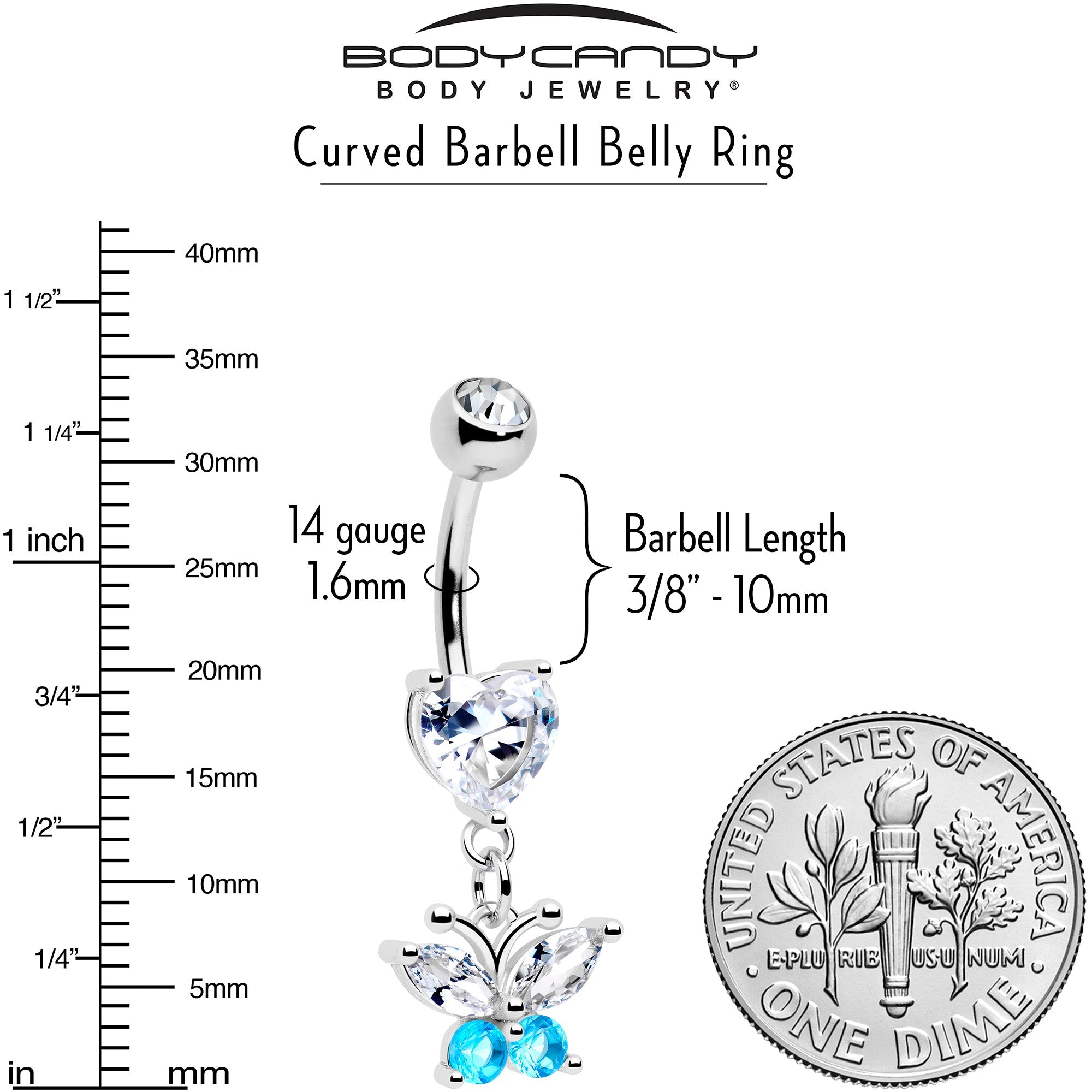 Clear Blue Gem Love Butterfly Heart Dangle Belly Ring