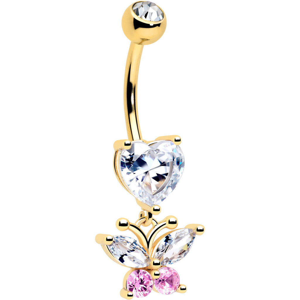 Clear Pink Gem Gold Tone Love Butterfly Dangle Belly Ring