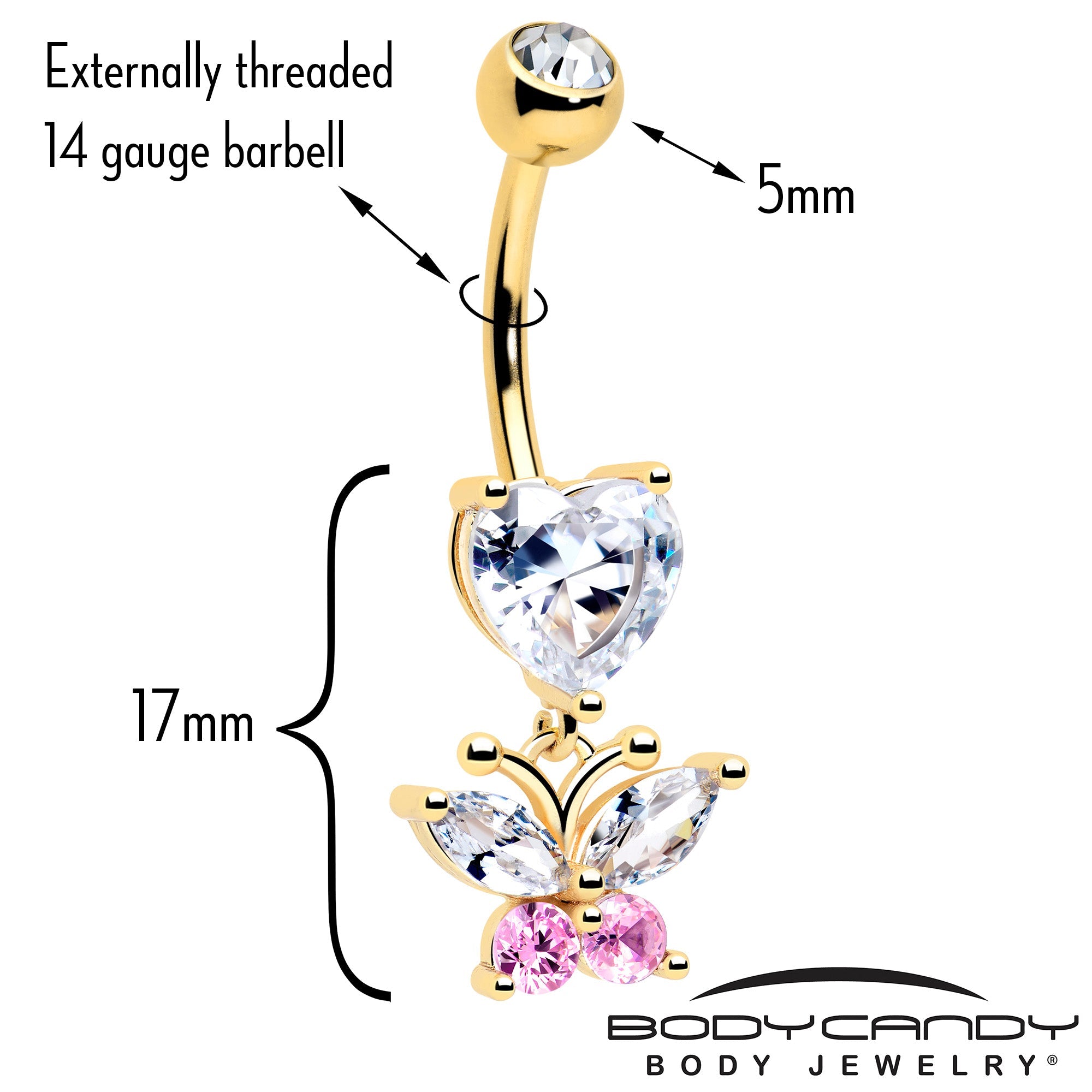 Clear Pink Gem Gold Tone Love Butterfly Dangle Belly Ring