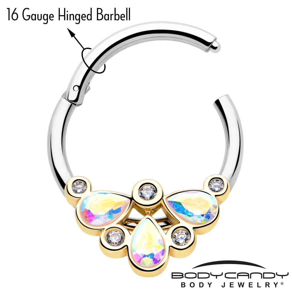 16G 3/8 Aurora Gem Golden Crown Deluxe Hinged Segment Ring