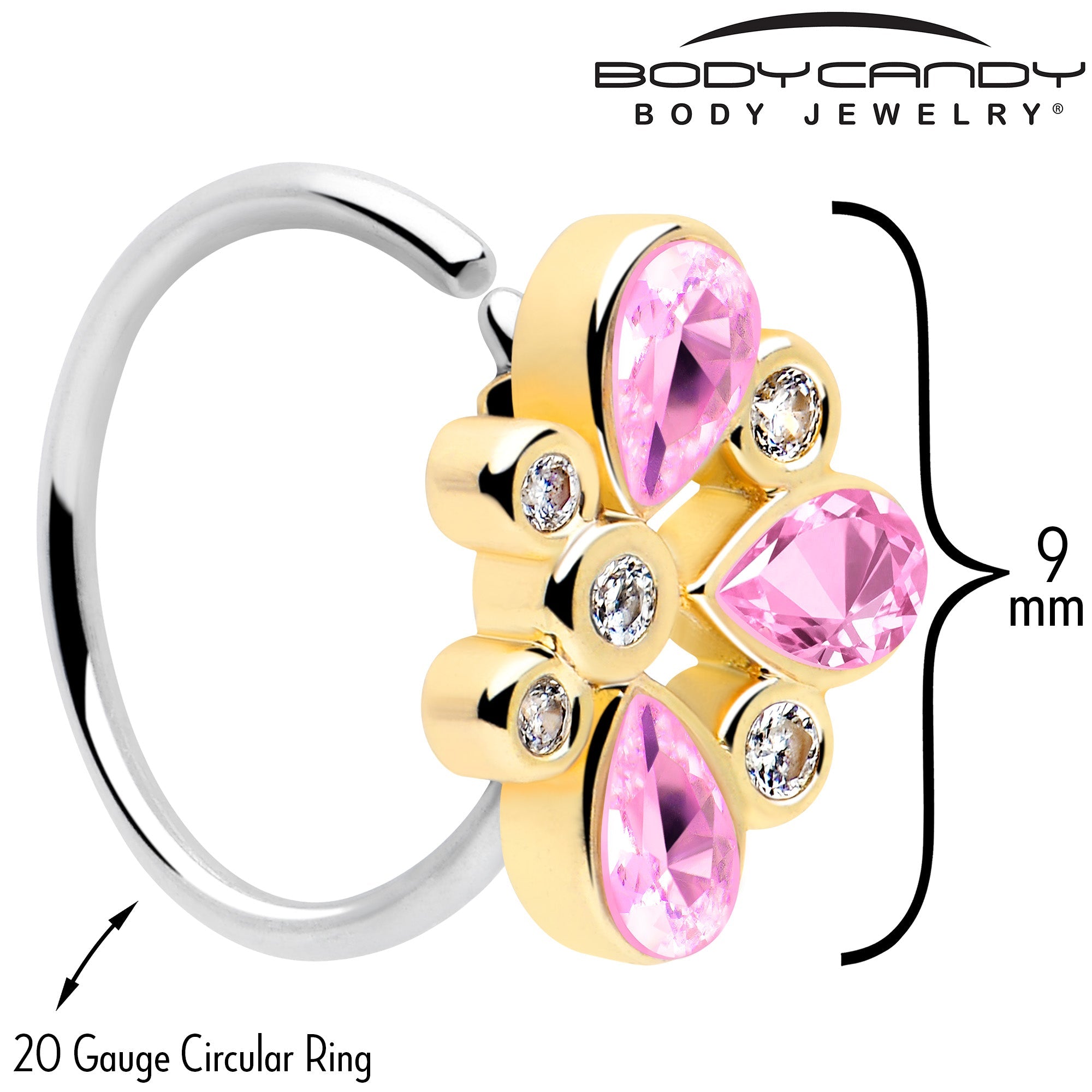 20G 5/16 Pink Gem Golden Crown Deluxe Nose Hoop