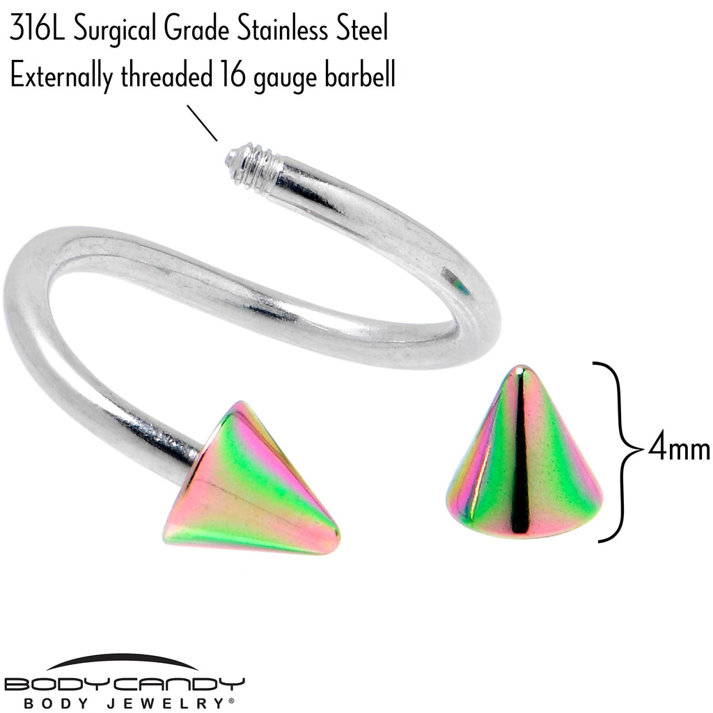 16G 3/8 Rainbow Cone Ends Spiral Twister Eyebrow Ring