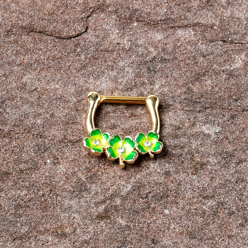 16G 5/16 Clear Gem Gold Tone Lucky Shamrock Cartilage Clicker