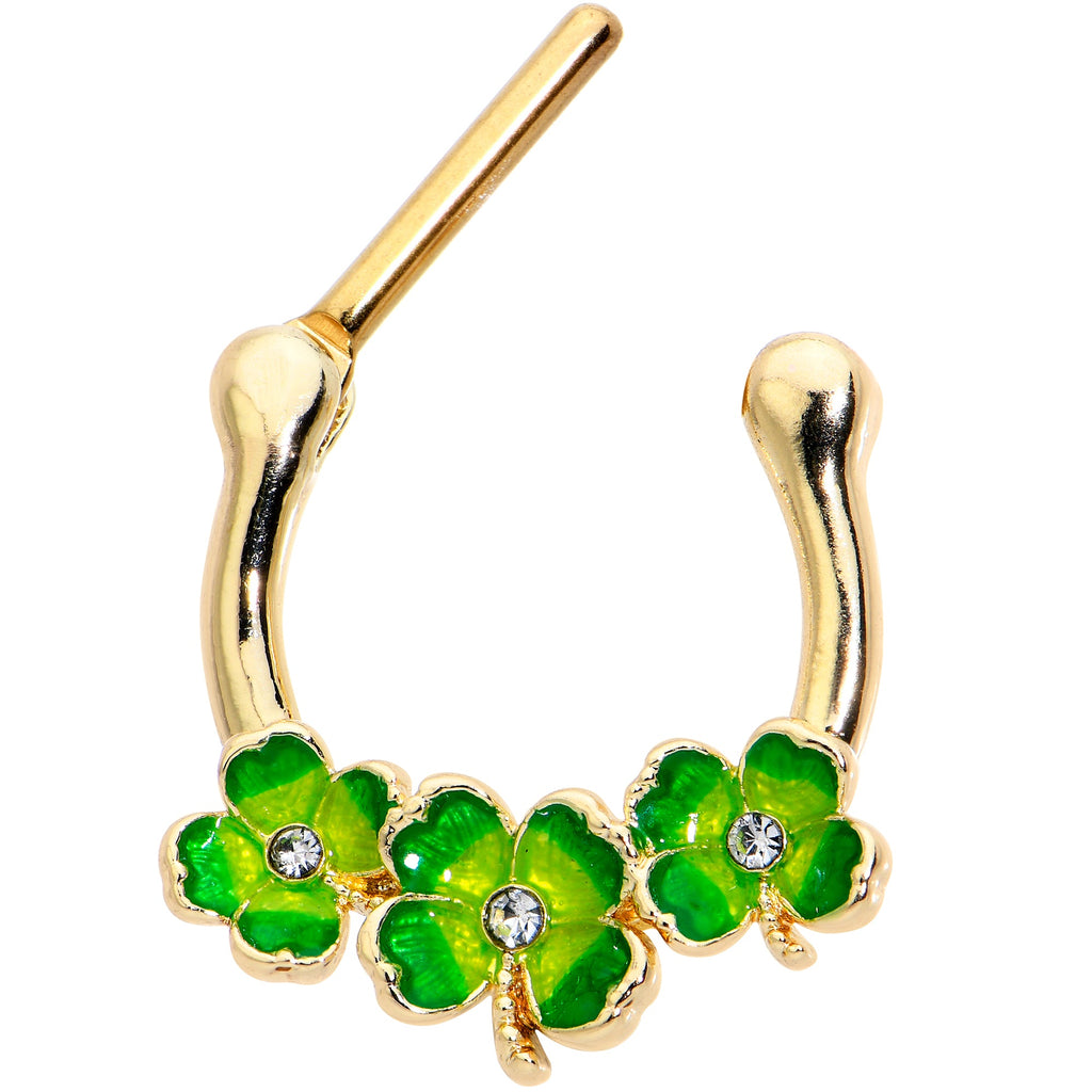 16G 5/16 Clear Gem Gold Tone Lucky Shamrock Cartilage Clicker