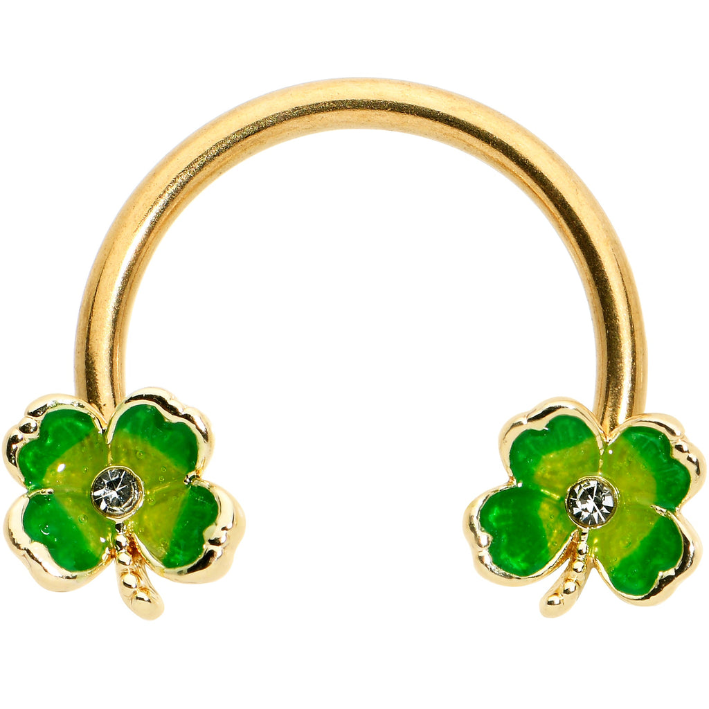 16G 3/8 Clear Gem Gold Hue Lucky Shamrock Horseshoe Circular Barbell