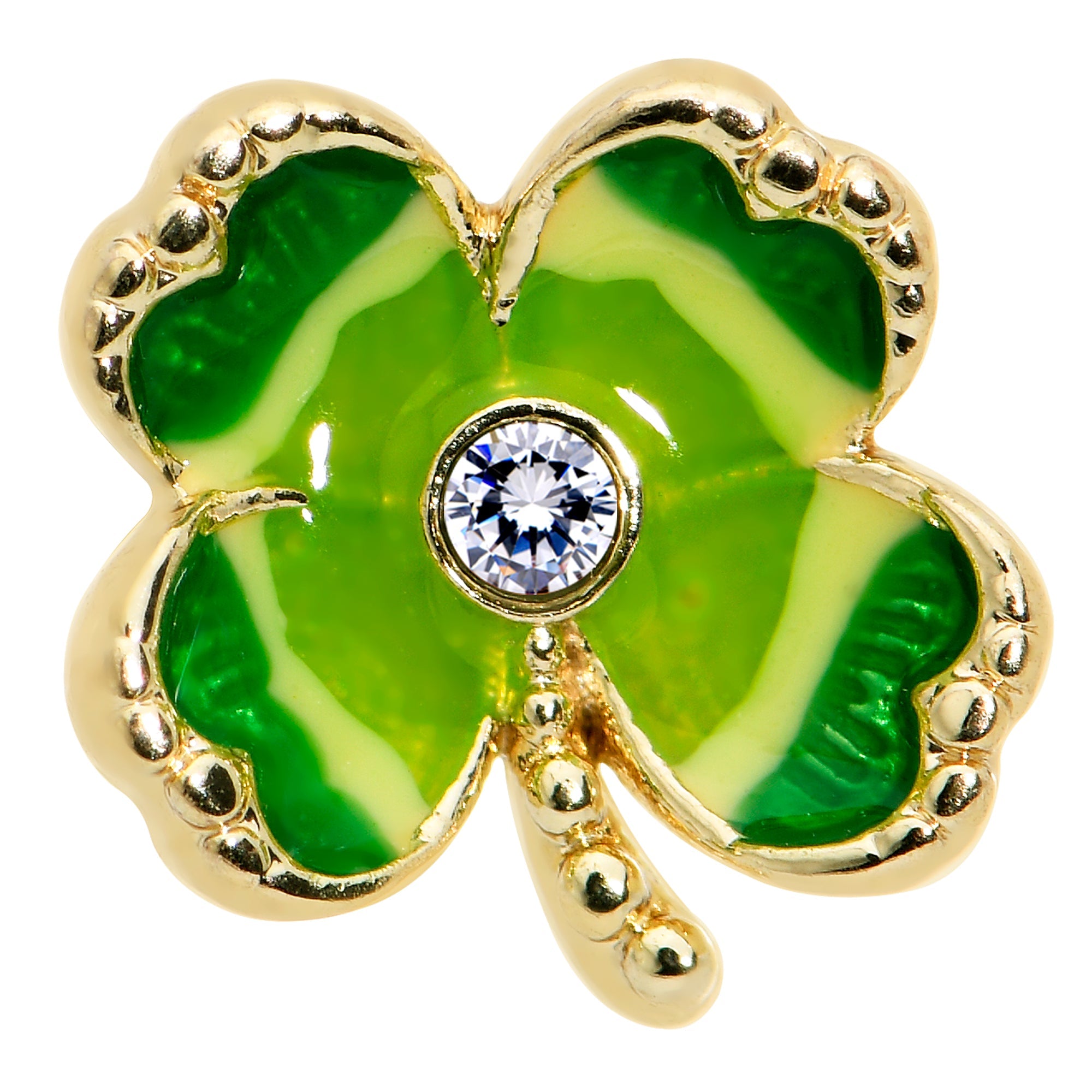 16G 5/16 Clear Gem Gold Tone Lucky Shamrock Labret Monroe Tragus