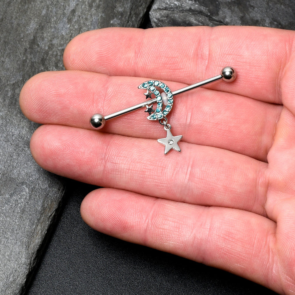 14G Blue CZ Gem Moon Dangle Star Industrial Barbell 38mm