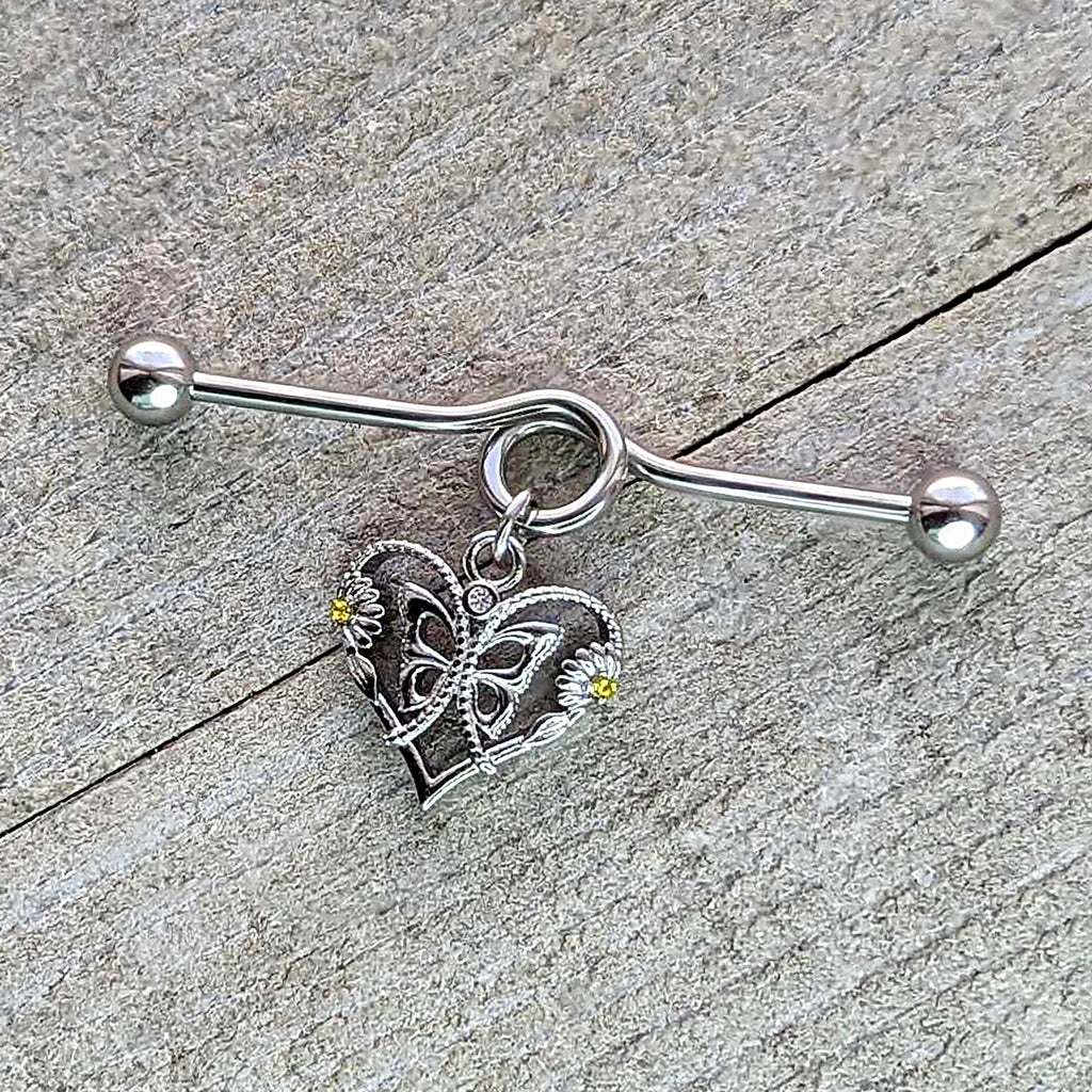 14G Yellow CZ Gem Heart Flower Butterfly Project Bar 38mm