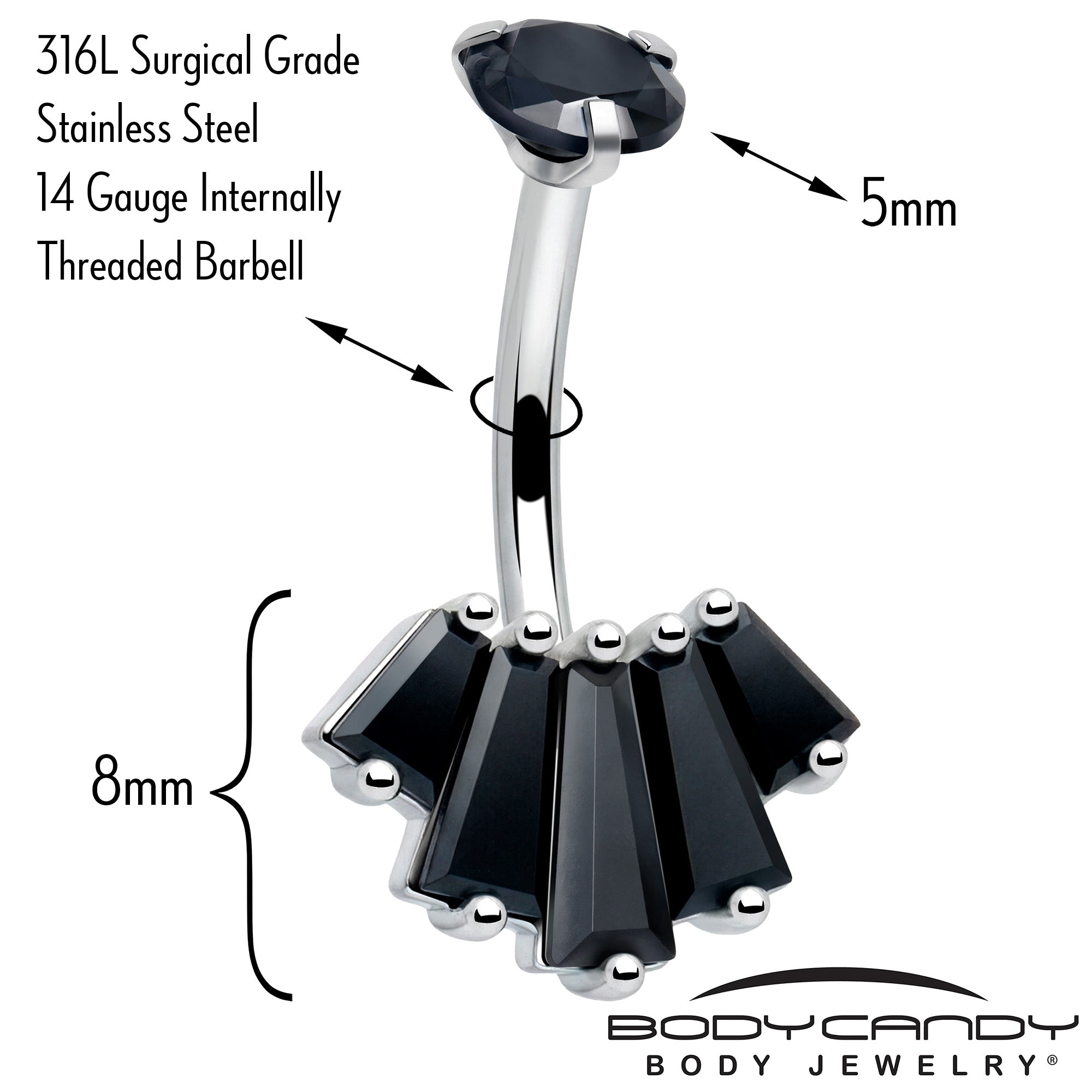 Black CZ Gem Regal Rectangles Internally Threaded Double Mount Belly Ring