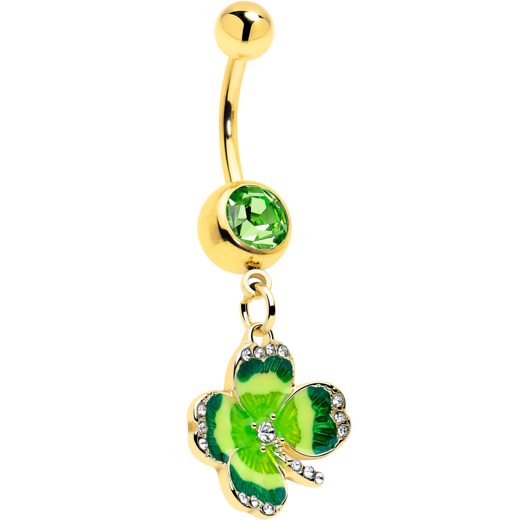 Clear Green Gem Gold Tone Lucky Shamrock Dangle Belly Ring