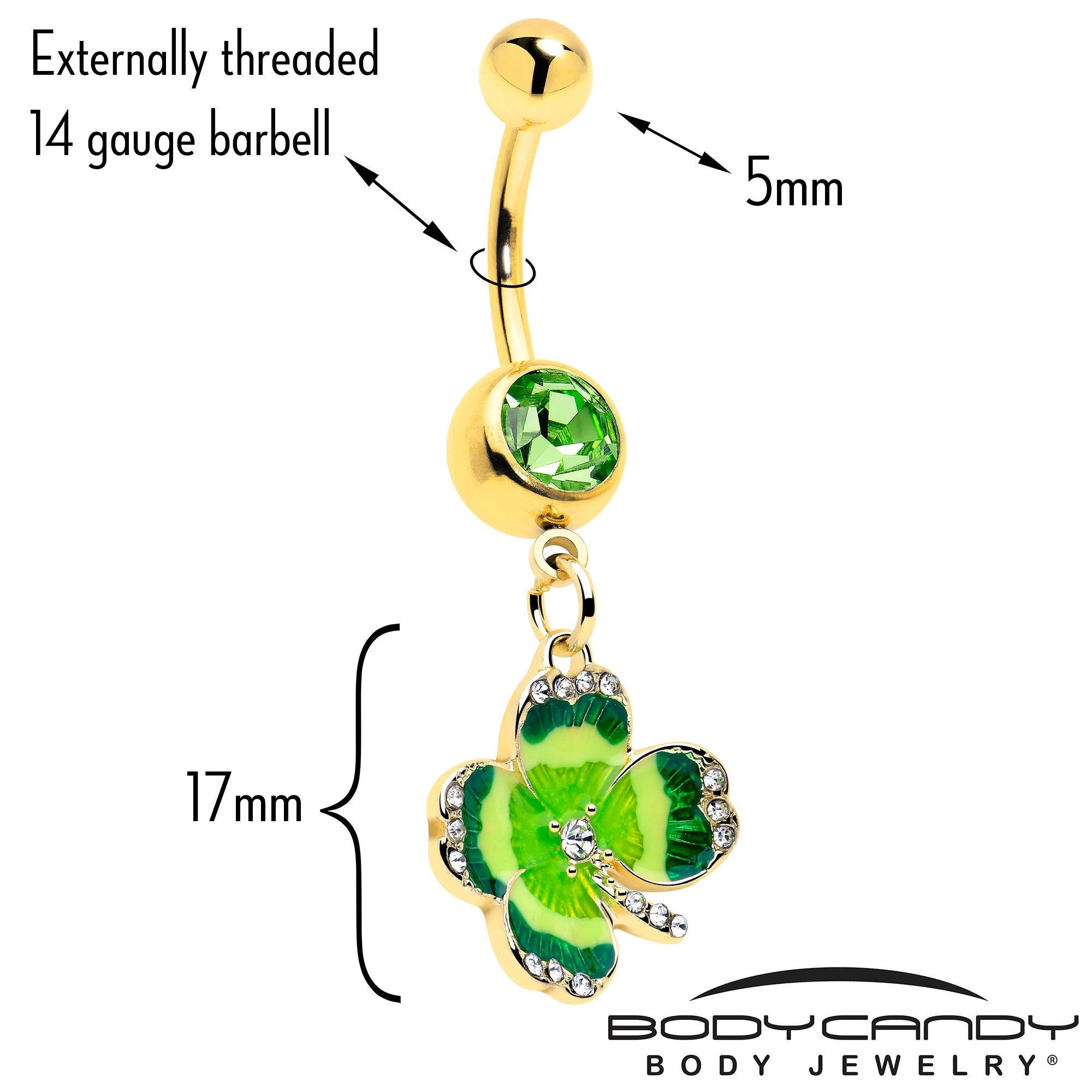 Clear Green Gem Gold Tone Lucky Shamrock Dangle Belly Ring