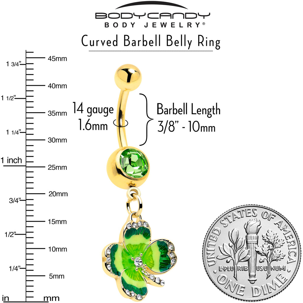Clear Green Gem Gold Tone Lucky Shamrock Dangle Belly Ring
